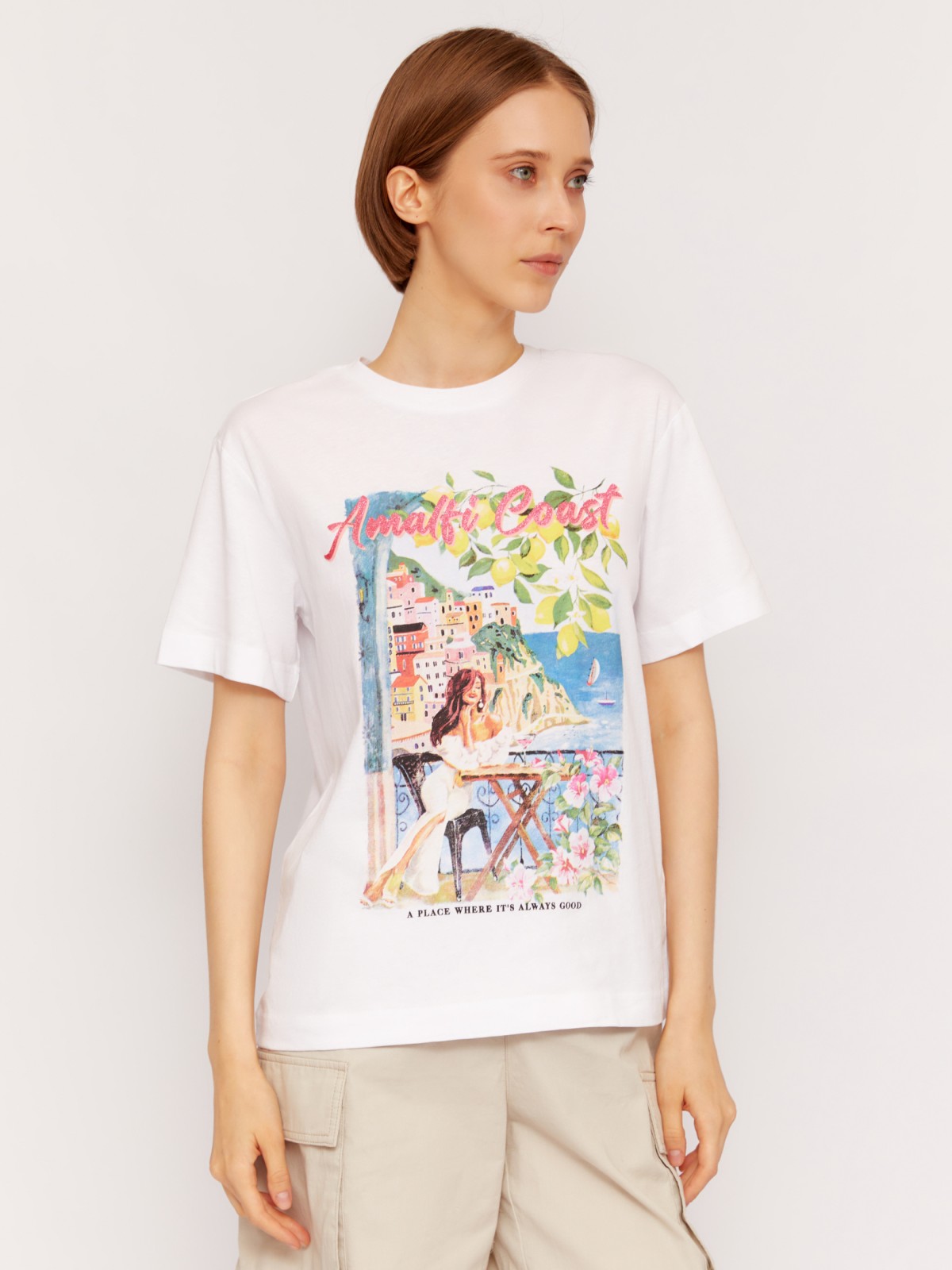 Футболка из хлопка с коротким рукавом и принтом