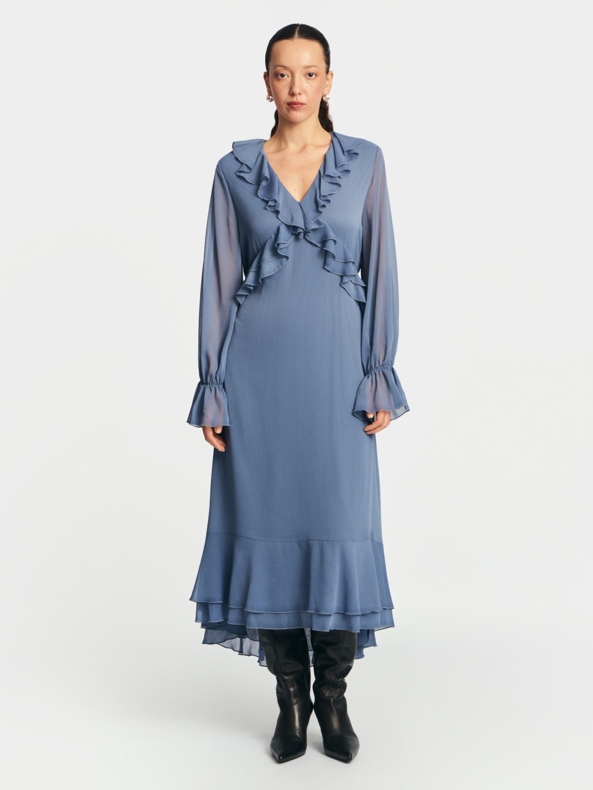 Платье макси из шифона с воланами