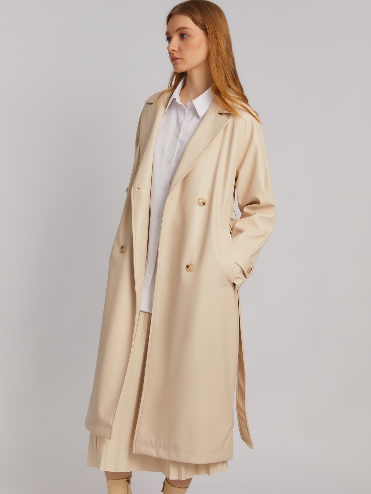 Длинное пальто-тренч из экокожи с рукавами реглан и поясом zolla 024135707024, цвет молоко, размер XS - фото 1