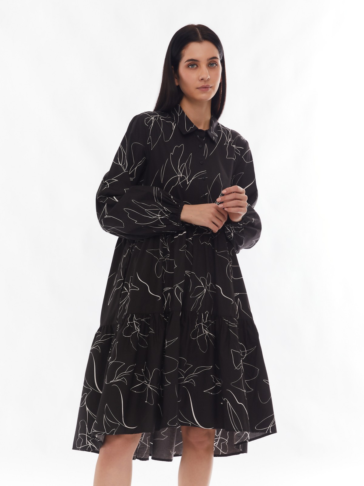 Ярусное платье-рубашка с длинным рукавом zolla 02413827Z183, цвет черный, размер XS