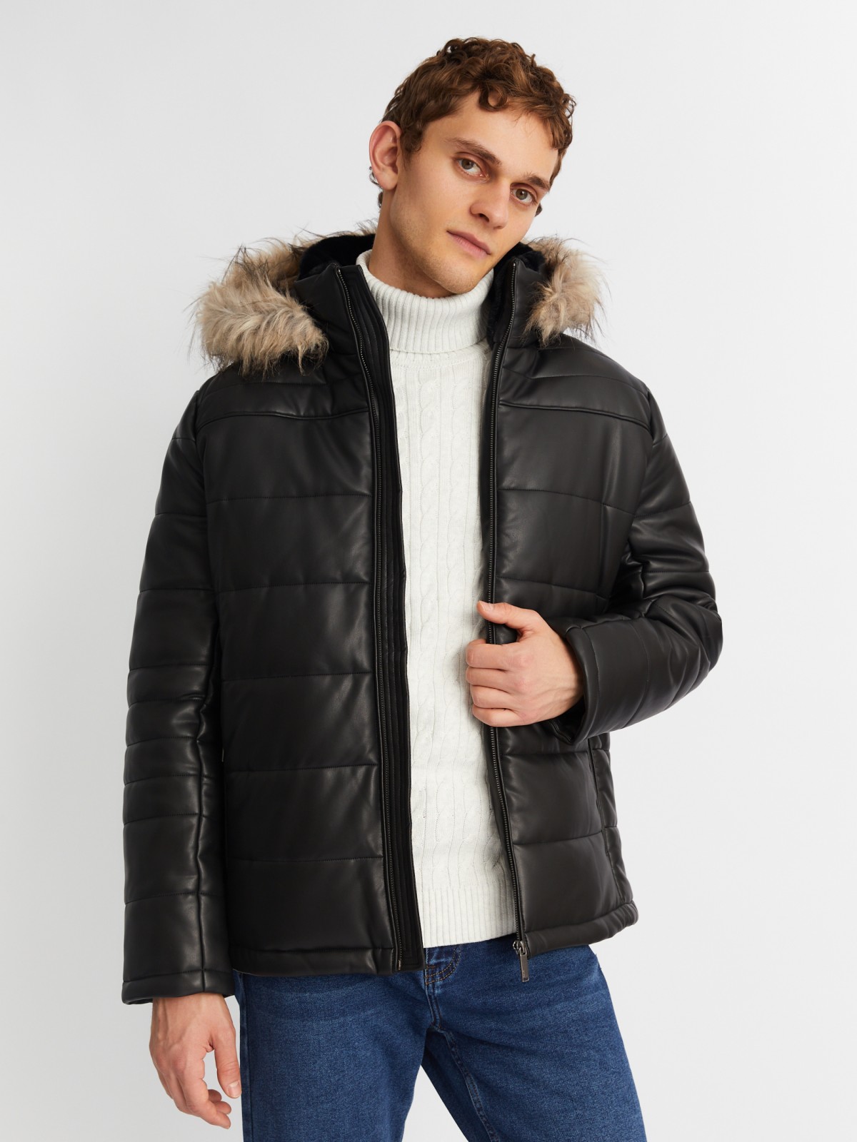 Тёплая куртка из экокожи со съёмным капюшоном и опушкой из экомеха zolla 013425102034, цвет черный, размер L - фото 1
