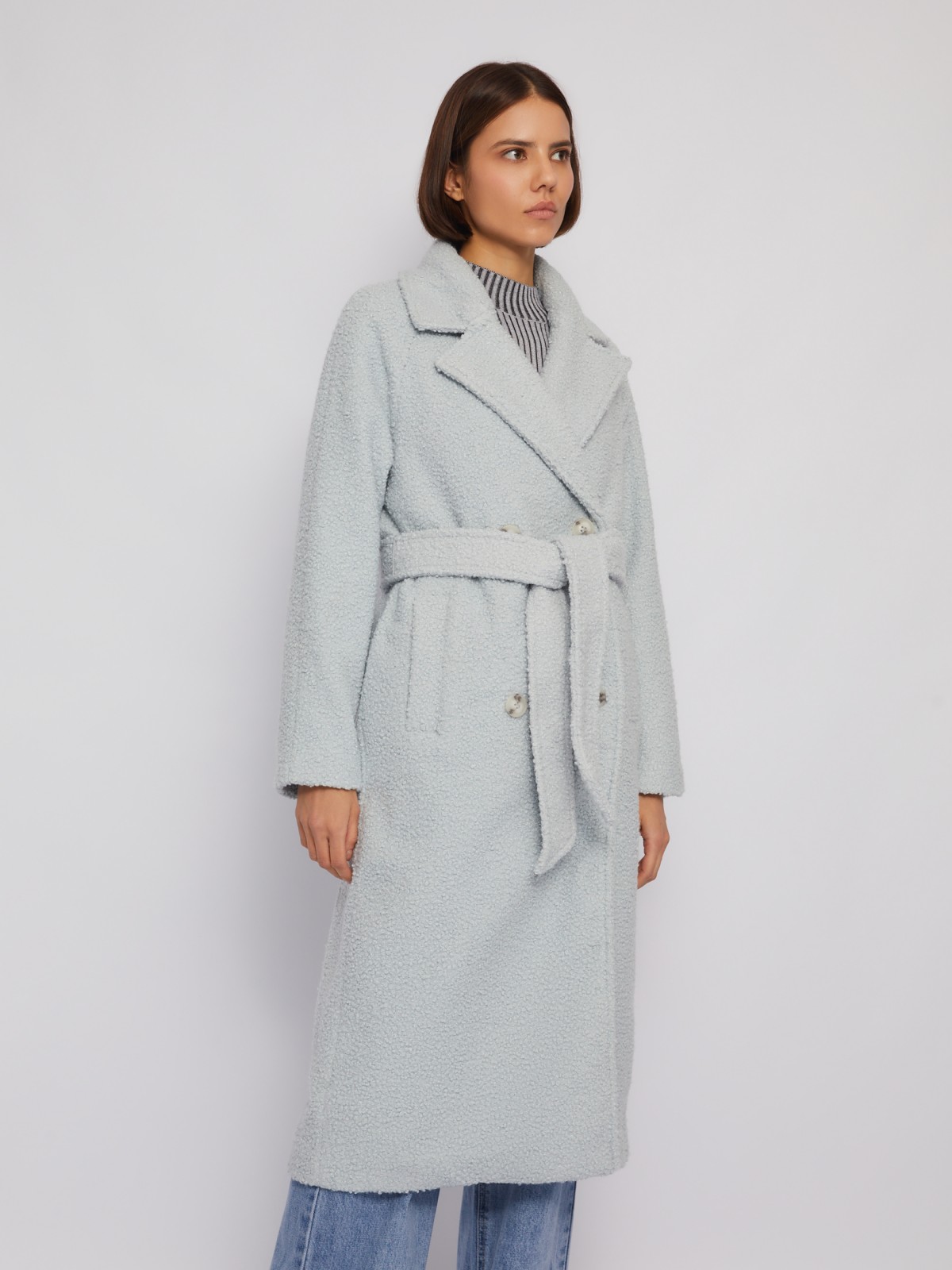 Длинное пальто букле без утеплителя с рукавами реглан и поясом zolla 02412587Z104, цвет светло-серый, размер XS - фото 3