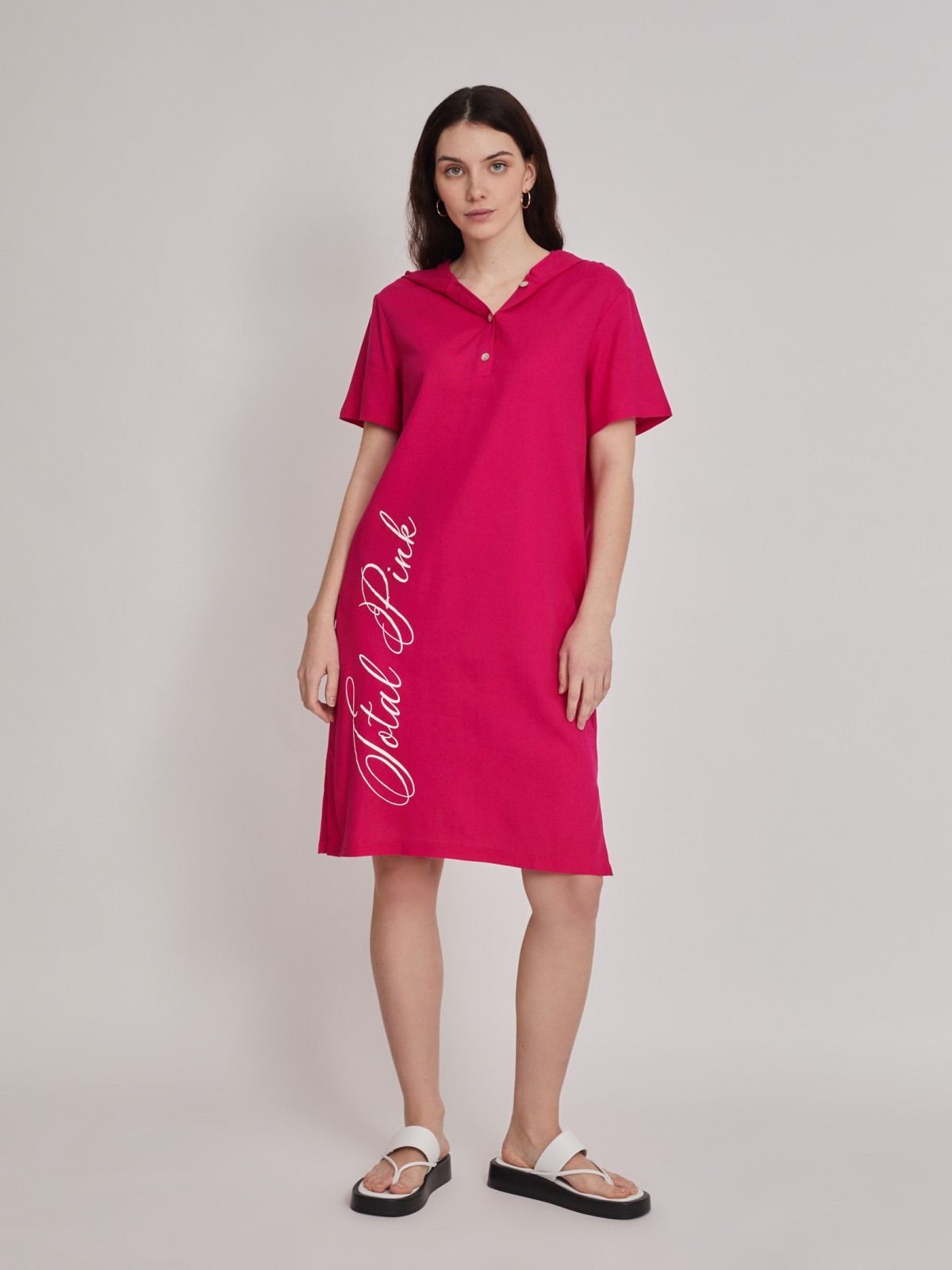 Платье-футболка из льна с капюшоном zolla 223238262101, цвет фуксия, размер XS - фото 3