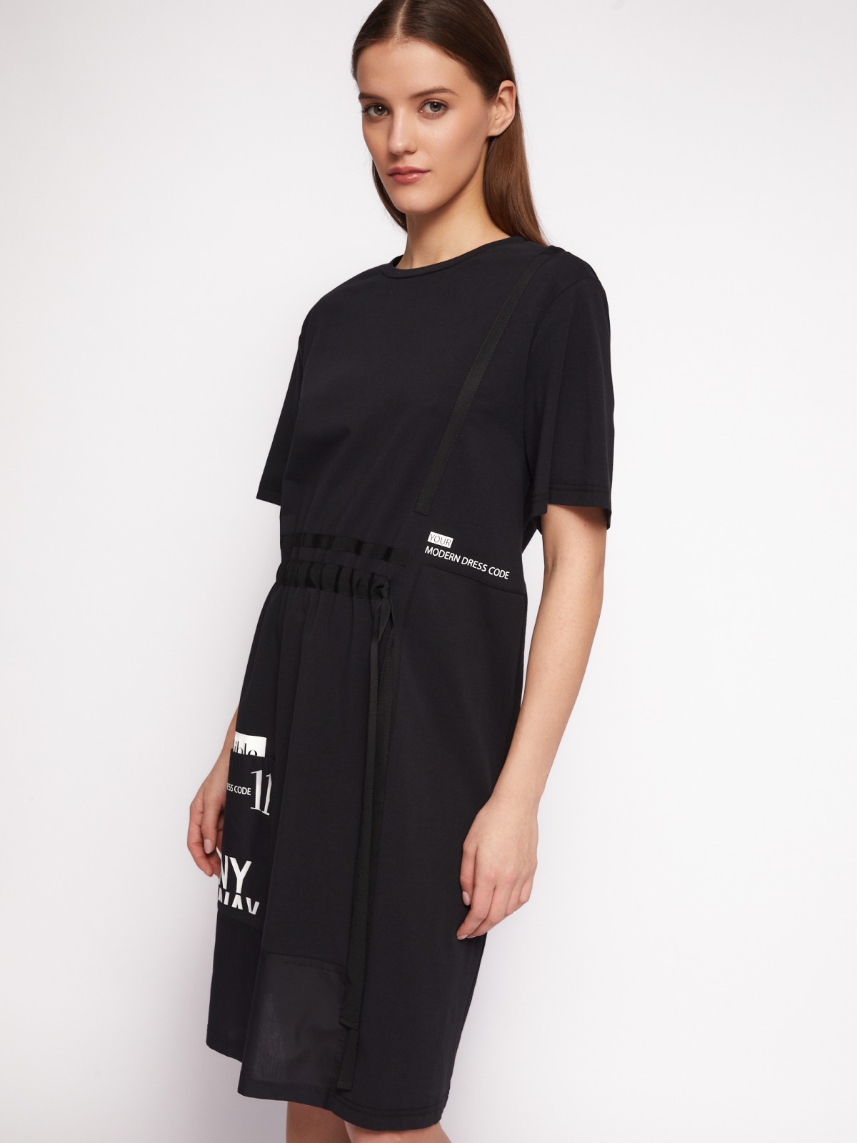 Платье-футболка из хлопка с завязками на талии zolla 024218139021, цвет черный, размер S - фото 5