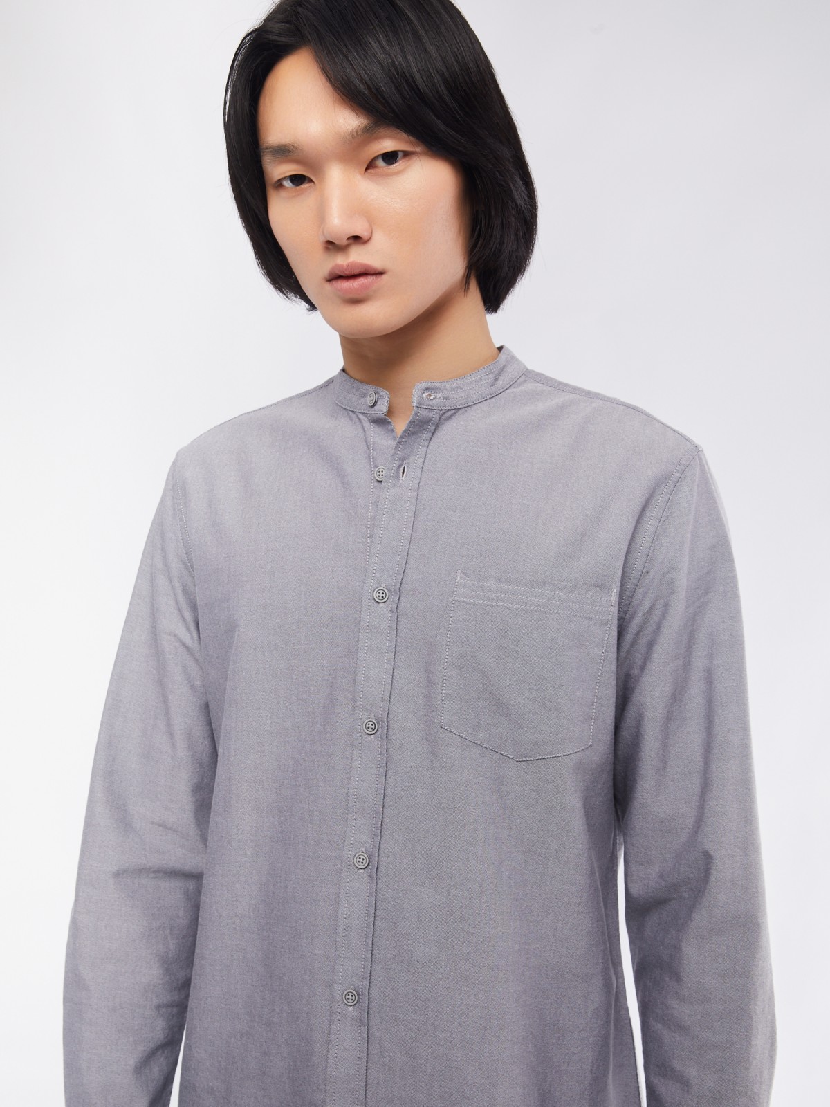 Офисная рубашка из хлопка с воротником-стойкой и длинным рукавом zolla 014122159033, цвет серый, размер M - фото 4