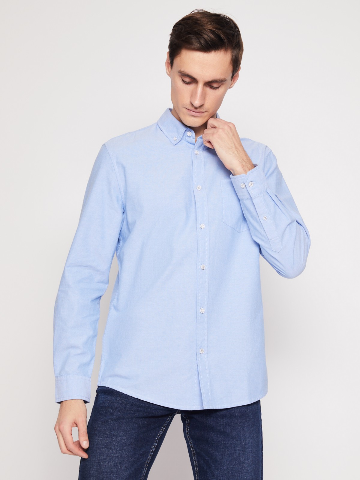 Хлопковая рубашка с длинным рукавом zolla 012122191013, цвет светло-голубой, размер M - фото 4