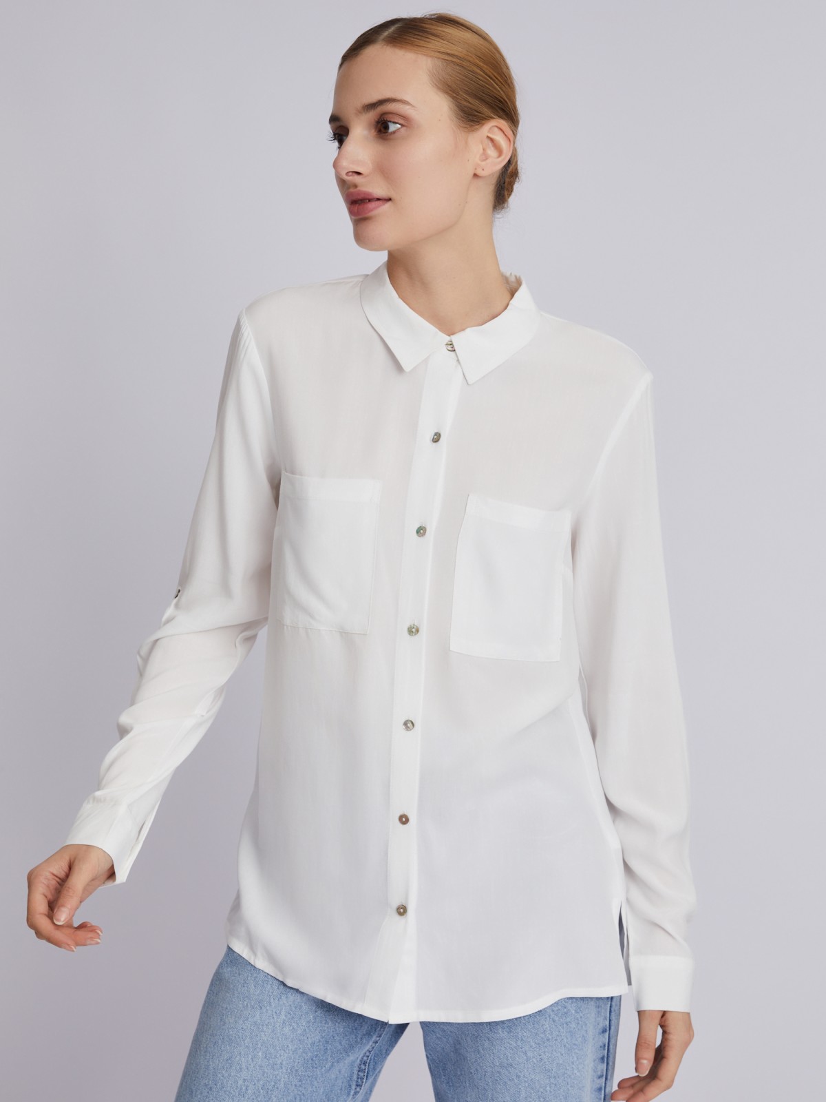 Офисная рубашка из вискозы с карманами и подхватами на рукавах zolla 023311162052, цвет молоко, размер XS - фото 5