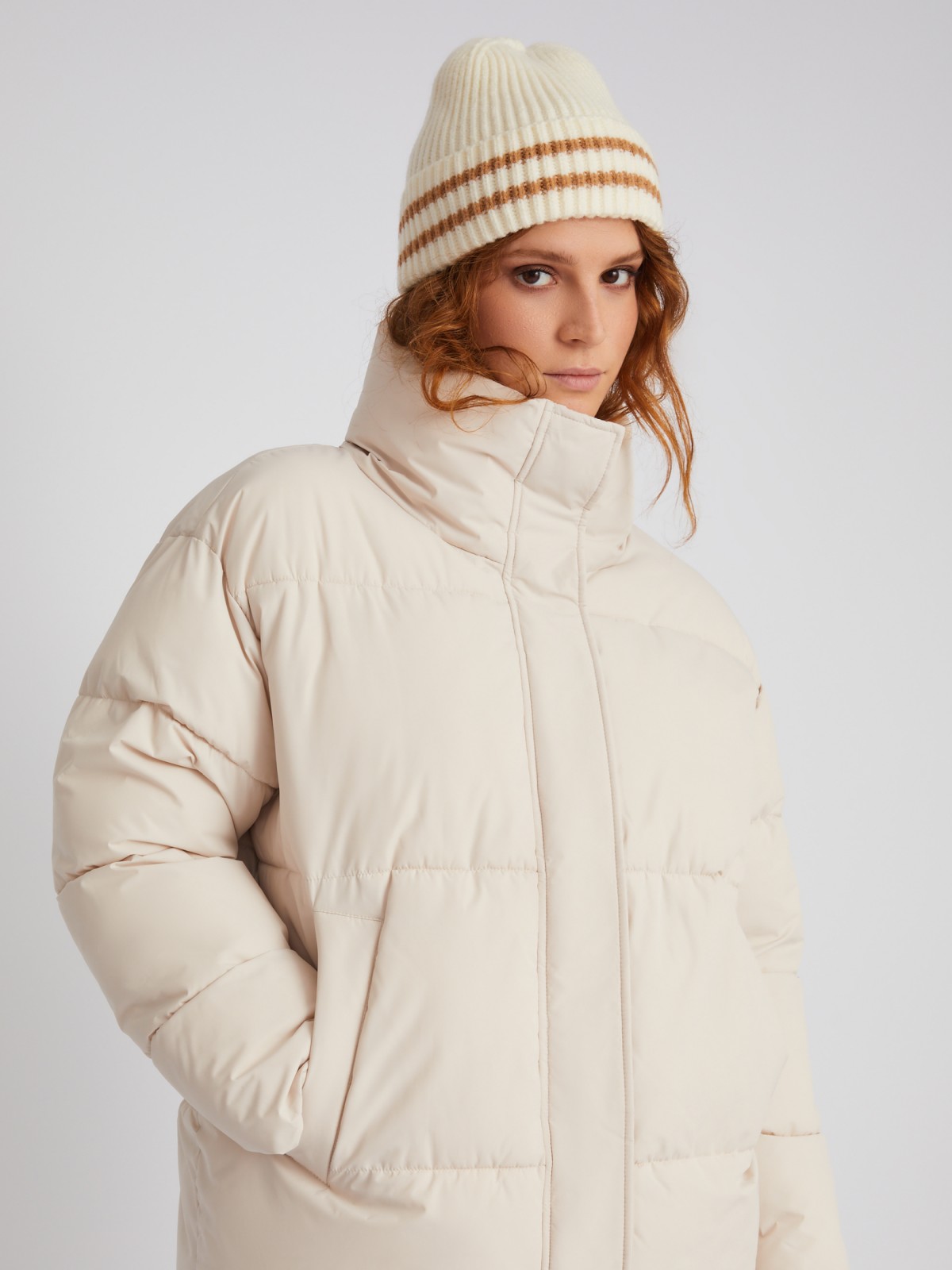 Тёплая стёганая дутая куртка оверсайз силуэта с высоким воротником zolla 023335102074, цвет молоко, размер S - фото 4