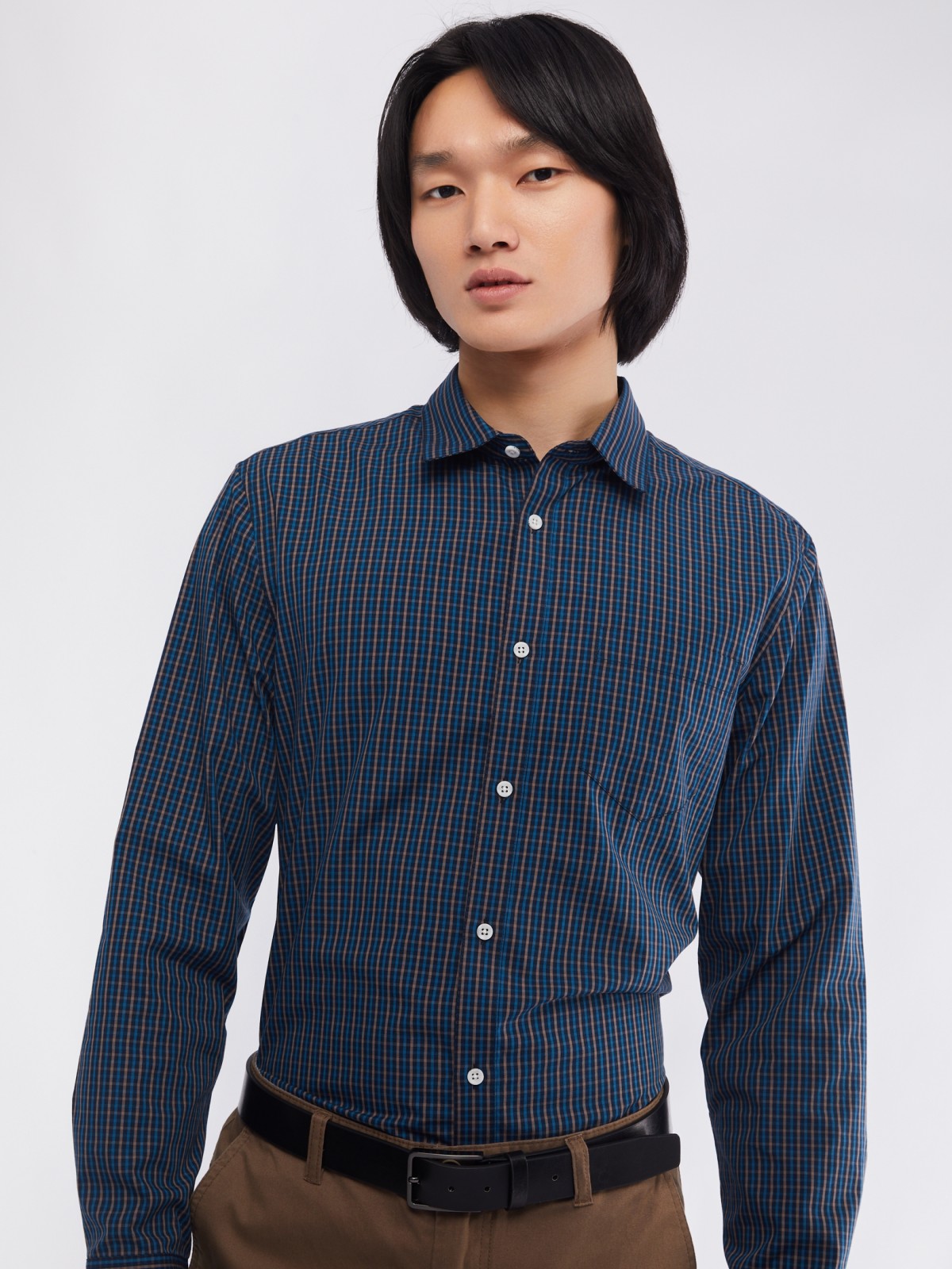Офисная рубашка прямого силуэта с узором в клетку zolla 014112159012, цвет темно-синий, размер XL