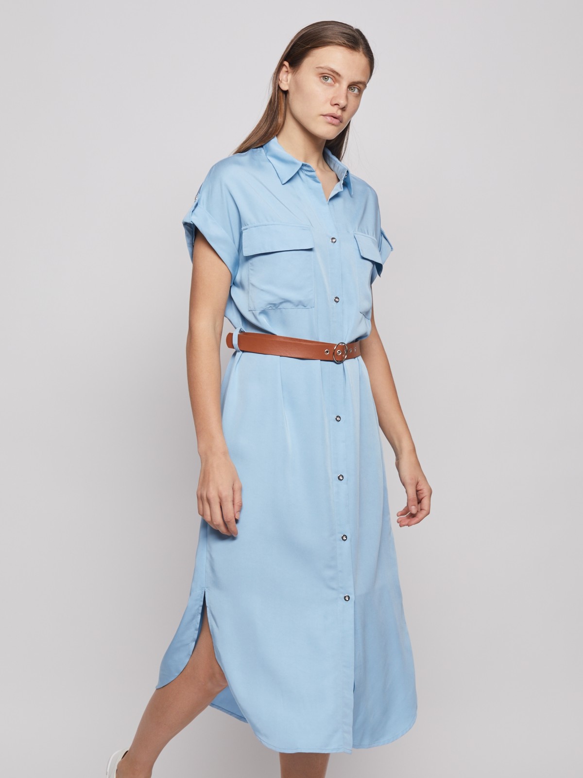 Платье-рубашка с ремнём zolla 022238259043, цвет светло-голубой, размер S - фото 2