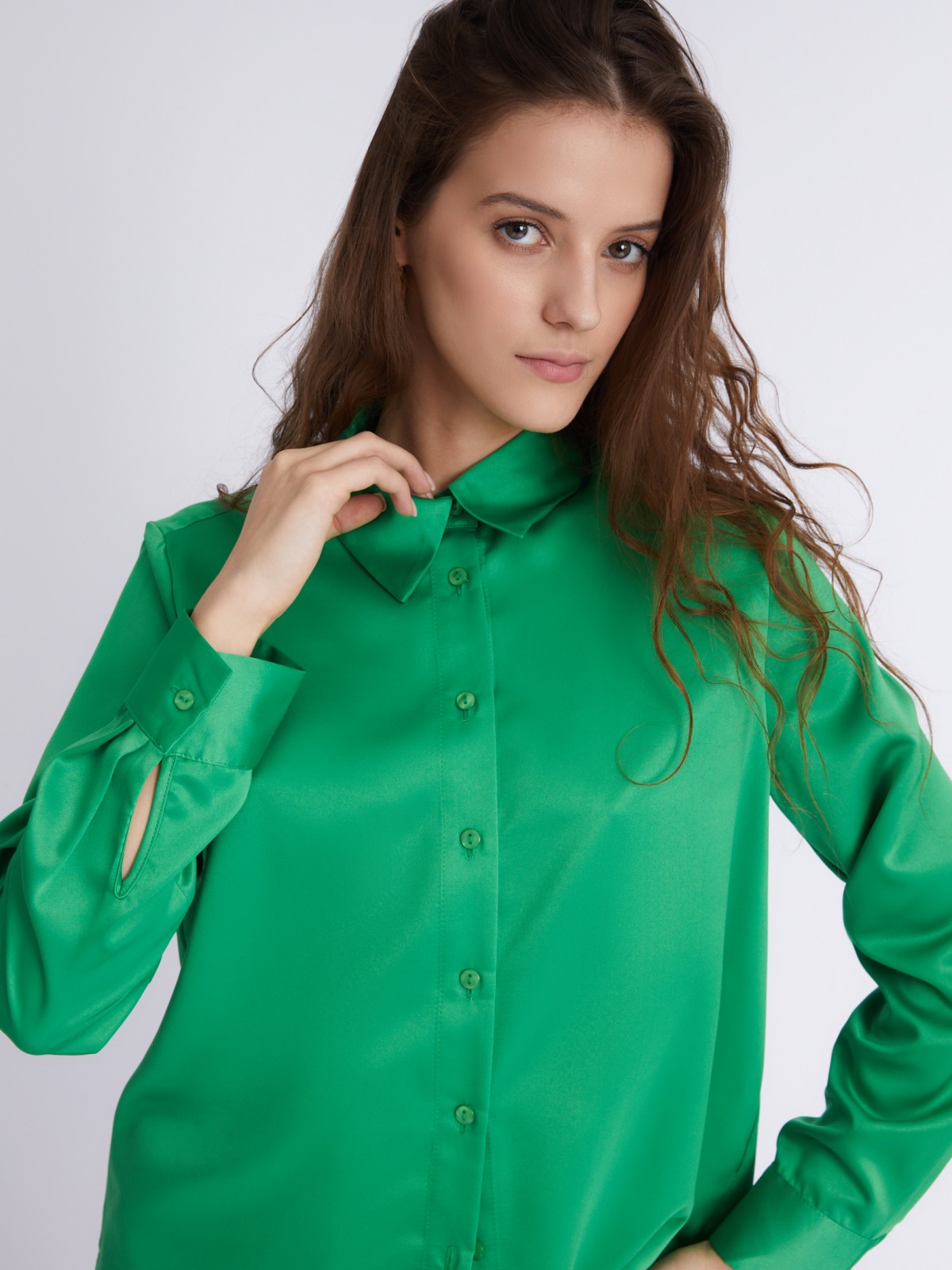 Атласная рубашка с длинным рукавом zolla 223311140411, цвет лайм, размер S - фото 4