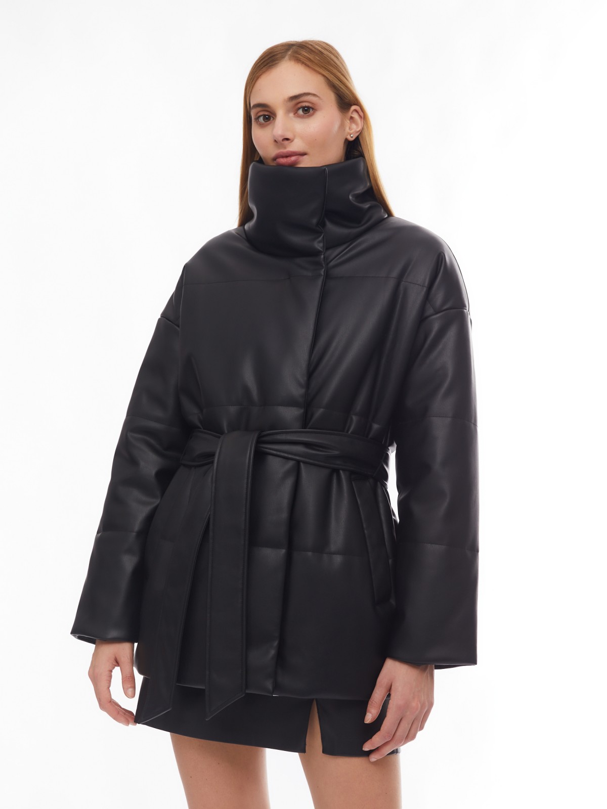 Тёплая дутая куртка из экокожи с высоким воротником и поясом zolla 02412512N104, цвет черный, размер XS - фото 3