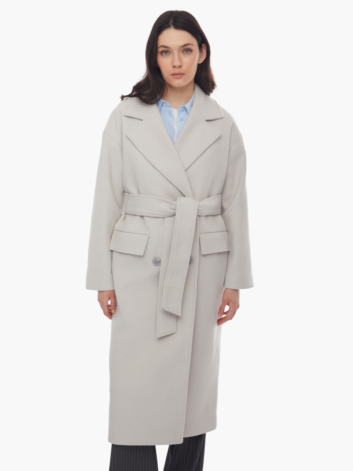Длинное пальто оверсайз силуэта без утеплителя на пуговицах с поясом zolla 024125857064, цвет светло-серый, размер XS - фото 5