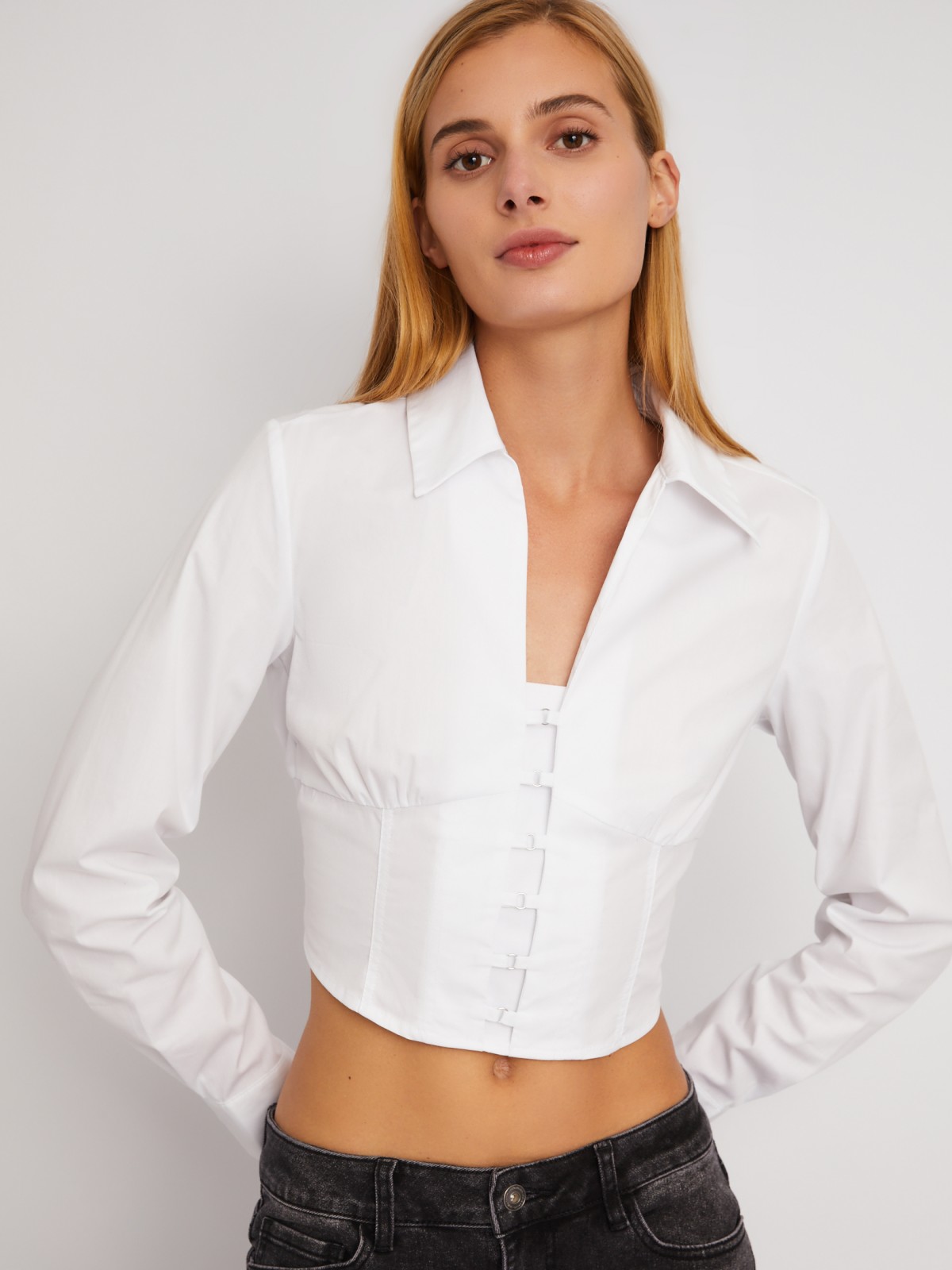 Укороченный топ-рубашка с имитацией корсета zolla 024111159271, цвет белый, размер XS - фото 5