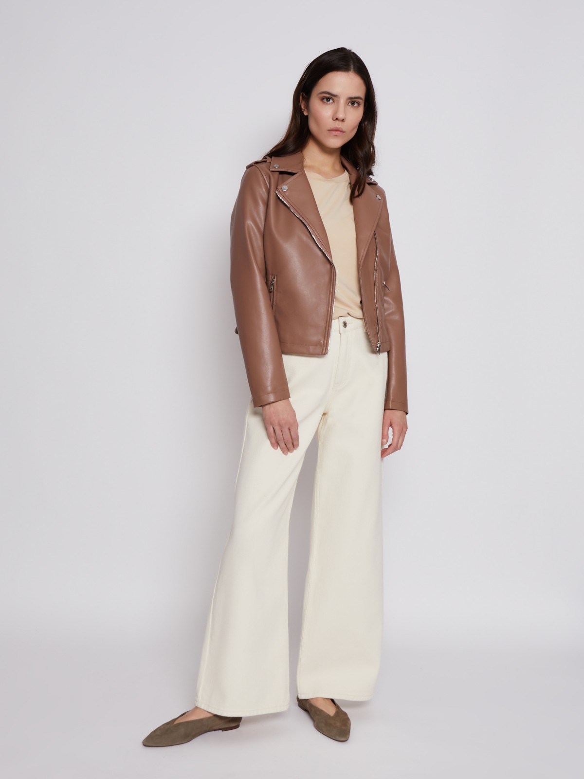 Кожаная куртка-косуха zolla 023215602054, цвет коричневый, размер XS - фото 2