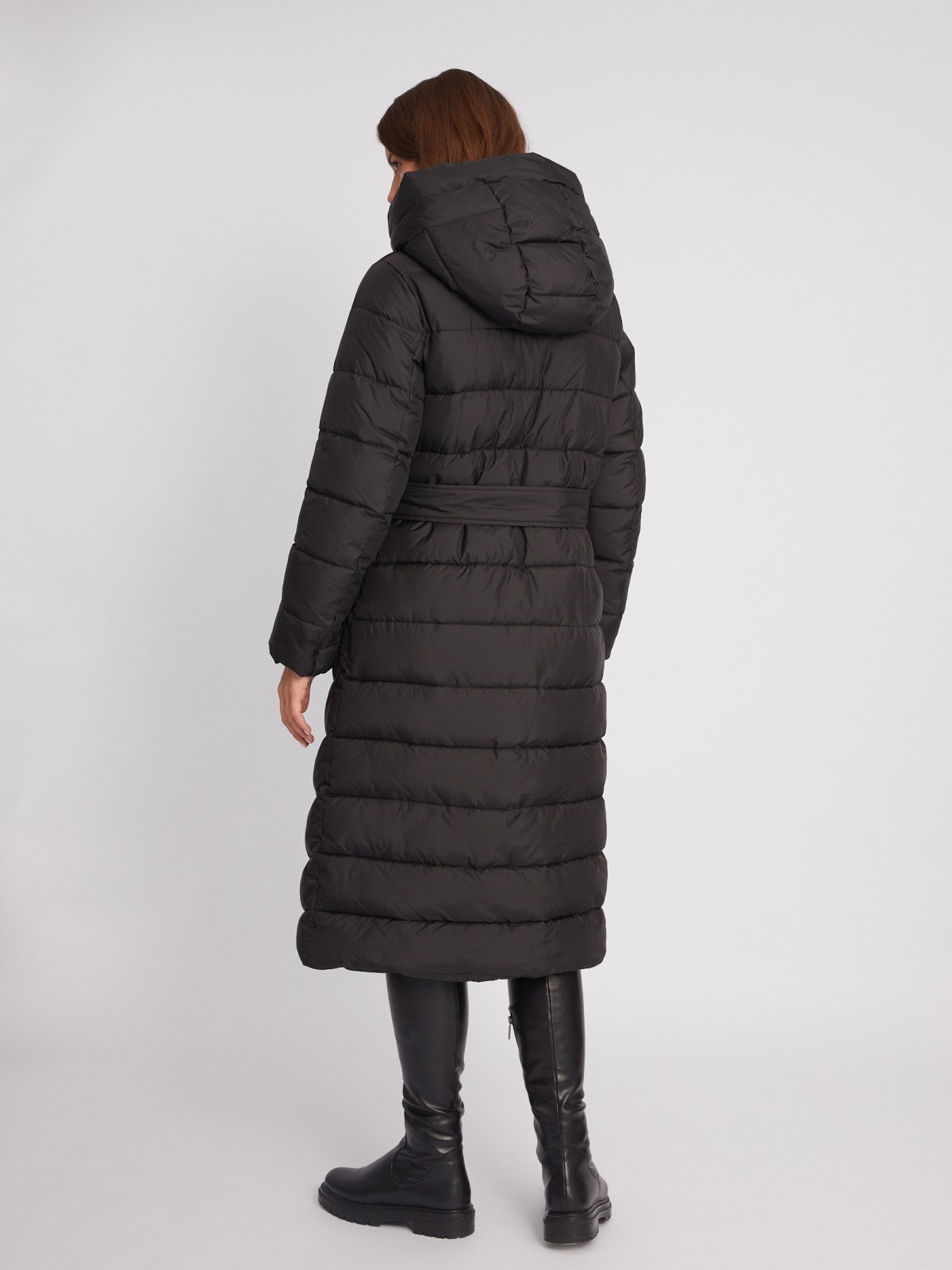 Тёплая длинная куртка-пальто с капюшоном и поясом