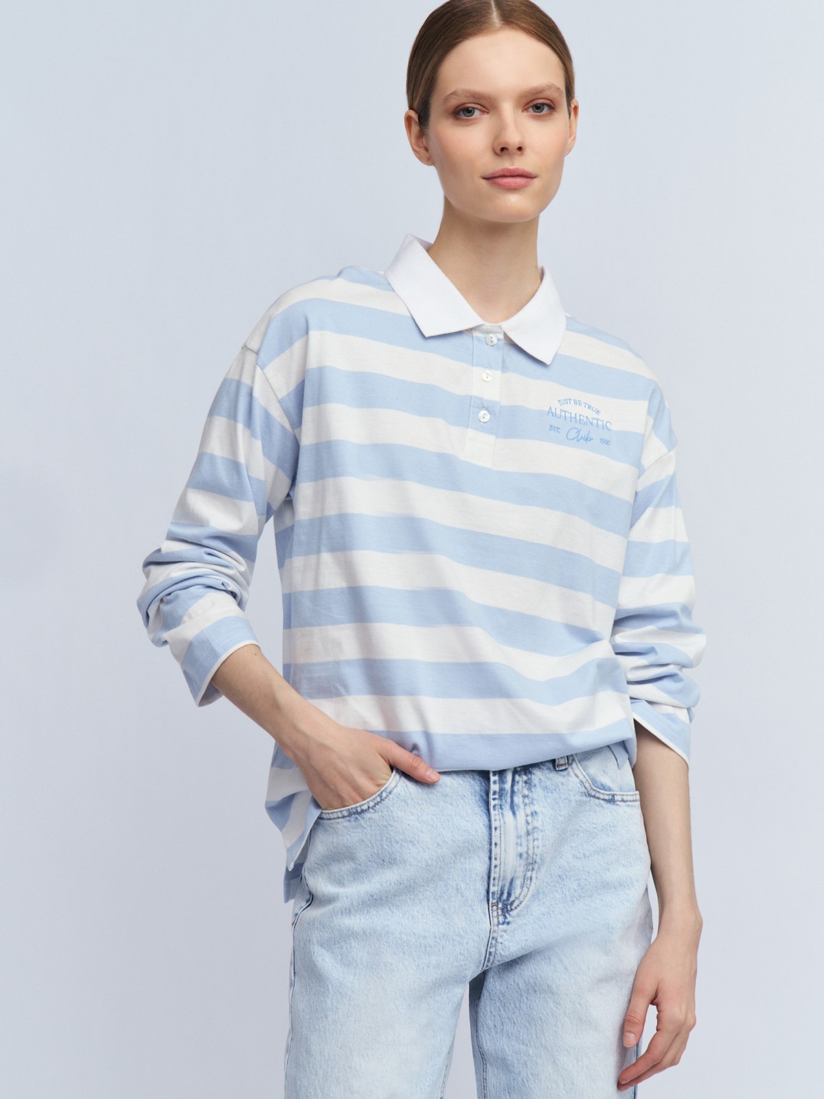 Трикотажный джемпер-лонгслив в полоску с воротником поло