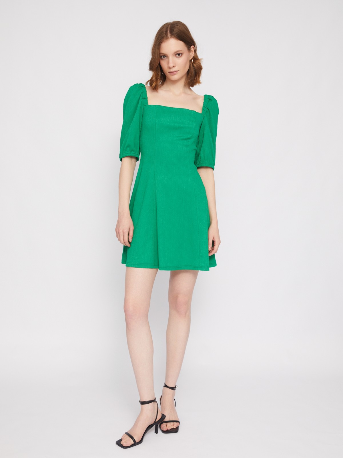 Платье мини с вырезом и коротким рукавом фонарик zolla 024228162053, цвет зеленый, размер S