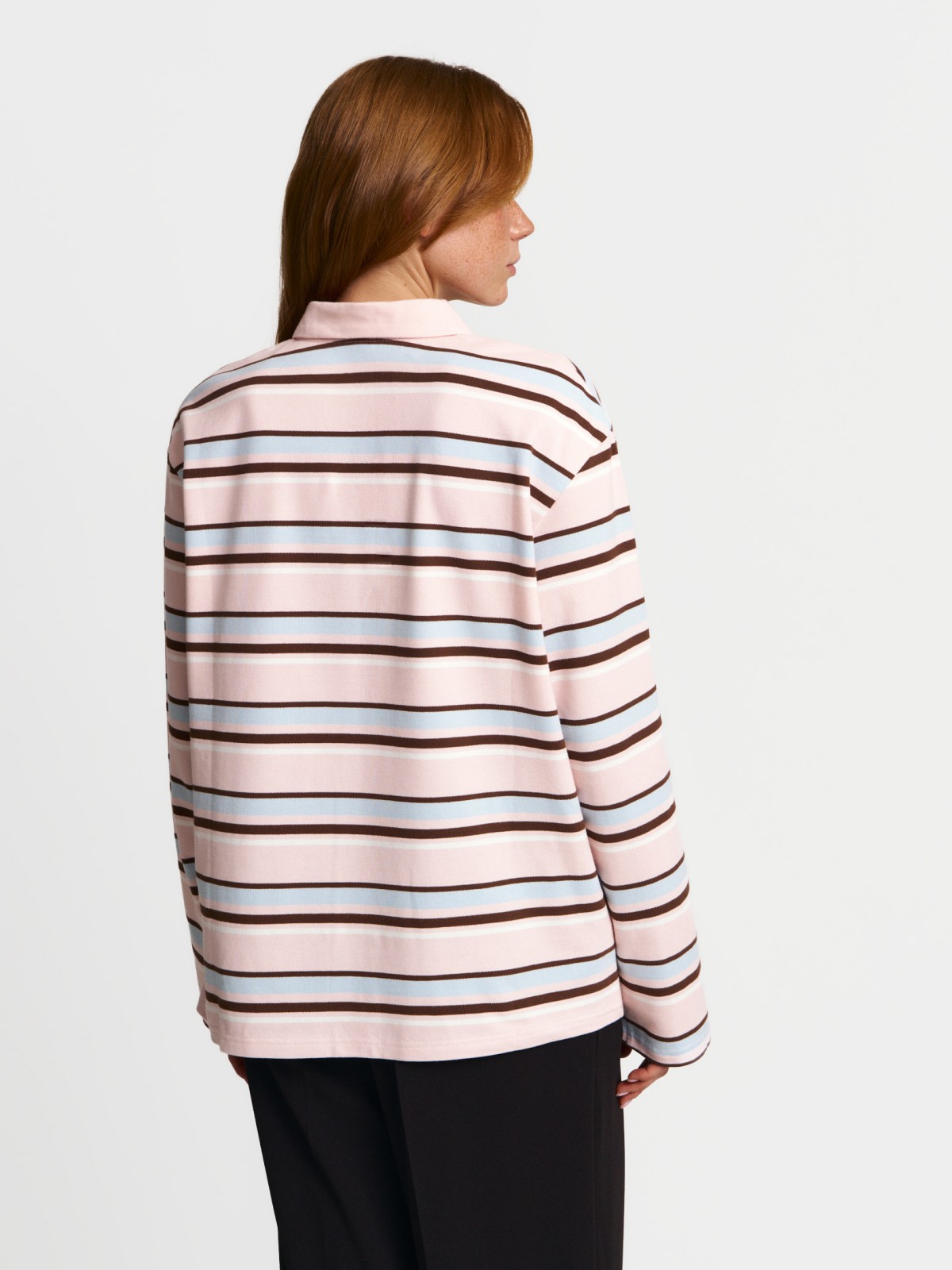 Трикотажный джемпер-лонгслив в полоску с воротником поло