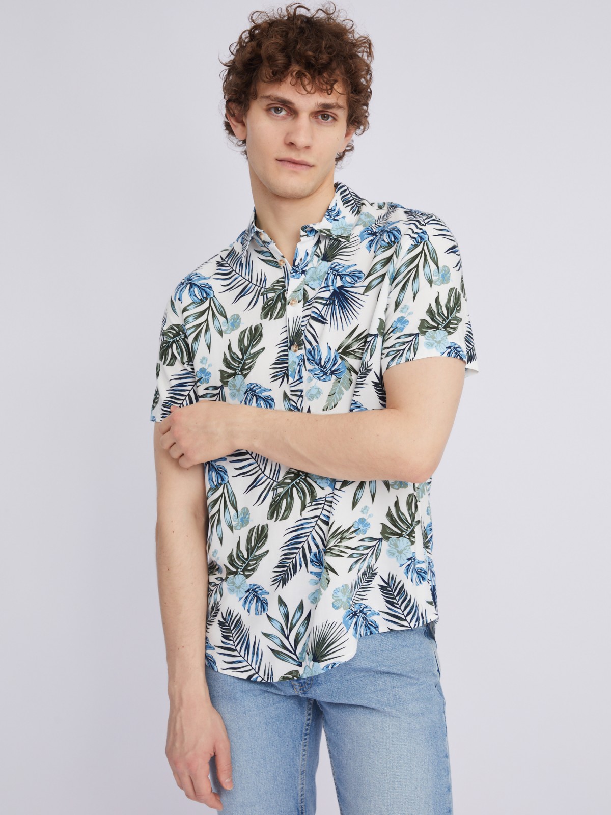 Рубашка из вискозы с тропическим принтом zolla 21325227Y023, цвет хаки, размер XL - фото 1