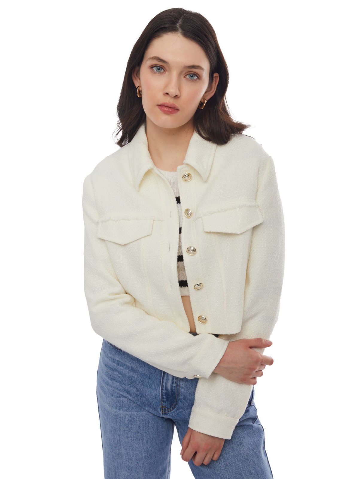 Укороченная куртка-жакет из жаккардовой ткани zolla 024135470061, цвет молоко, размер XL - фото 1