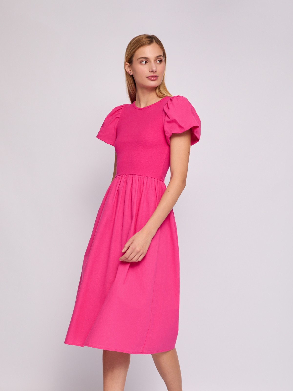 Комбинированное платье из хлопка с коротким рукавом zolla 02423829Y191, цвет фуксия, размер S