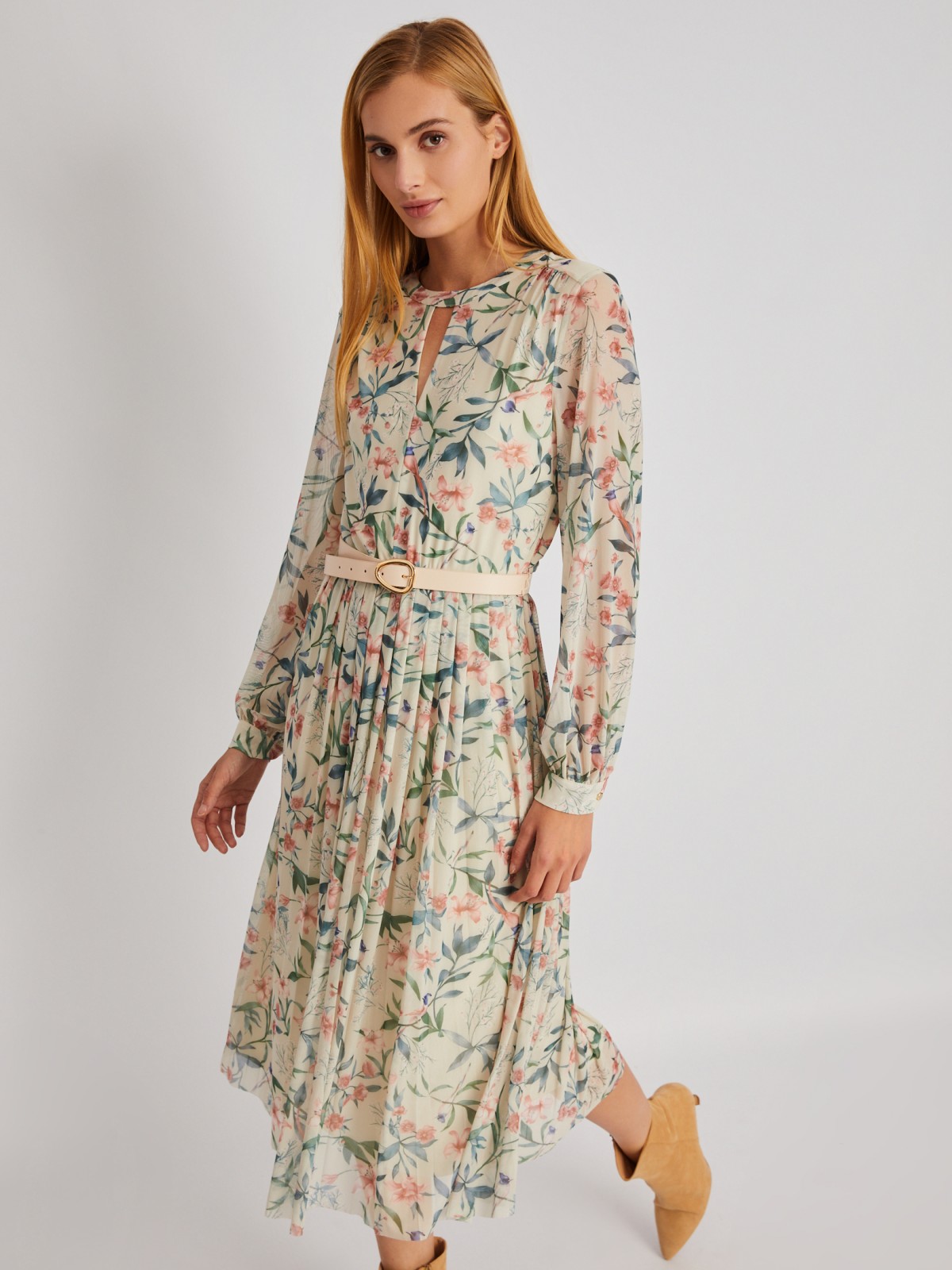 Платье в цветочный принт длины миди с плиссировкой и ремнём zolla 024118159463, размер XS