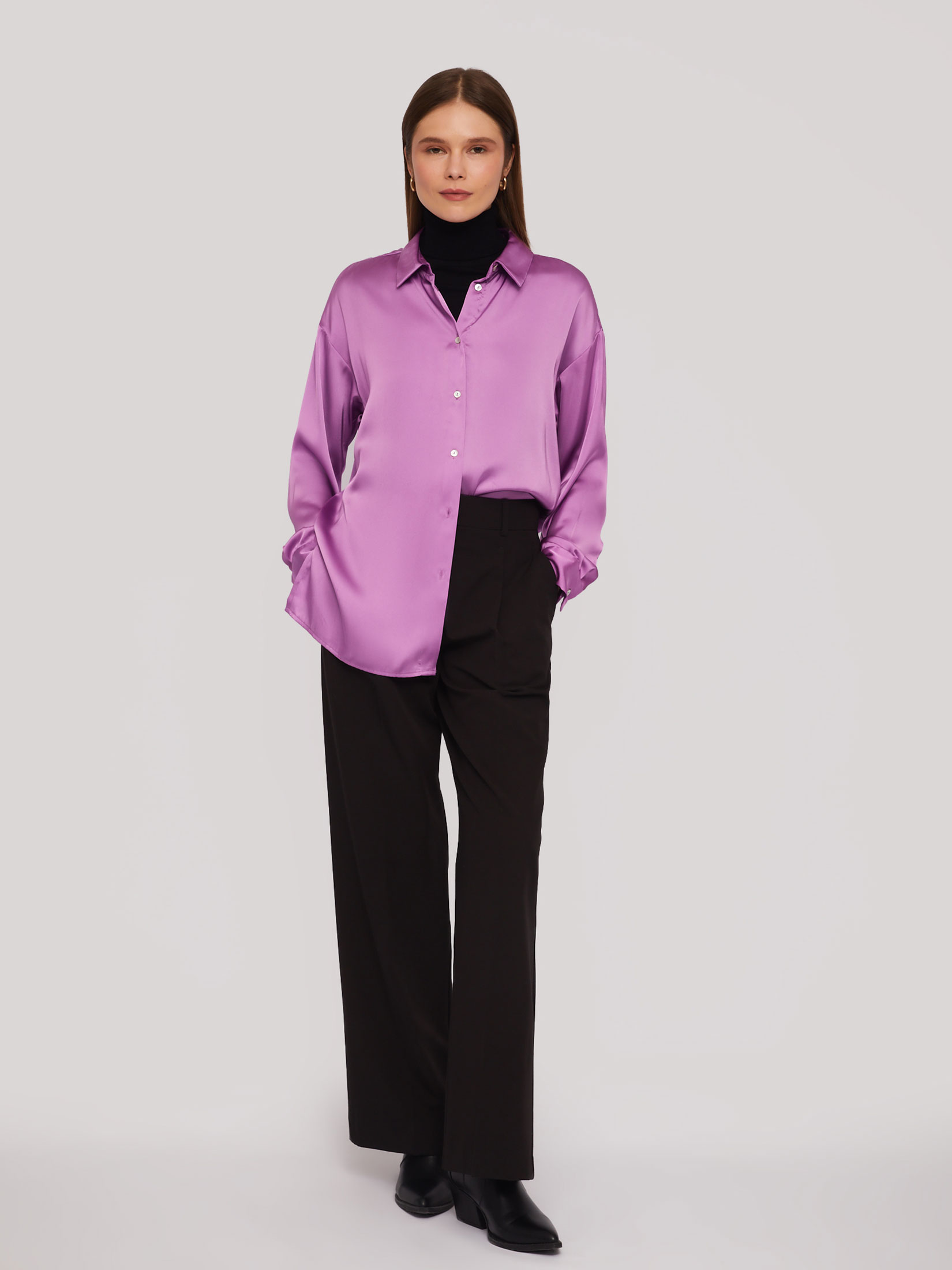 Рубашка оверсайз силуэта из атласной ткани zolla 02411117Y033, цвет фиолетовый, размер XS - фото 1