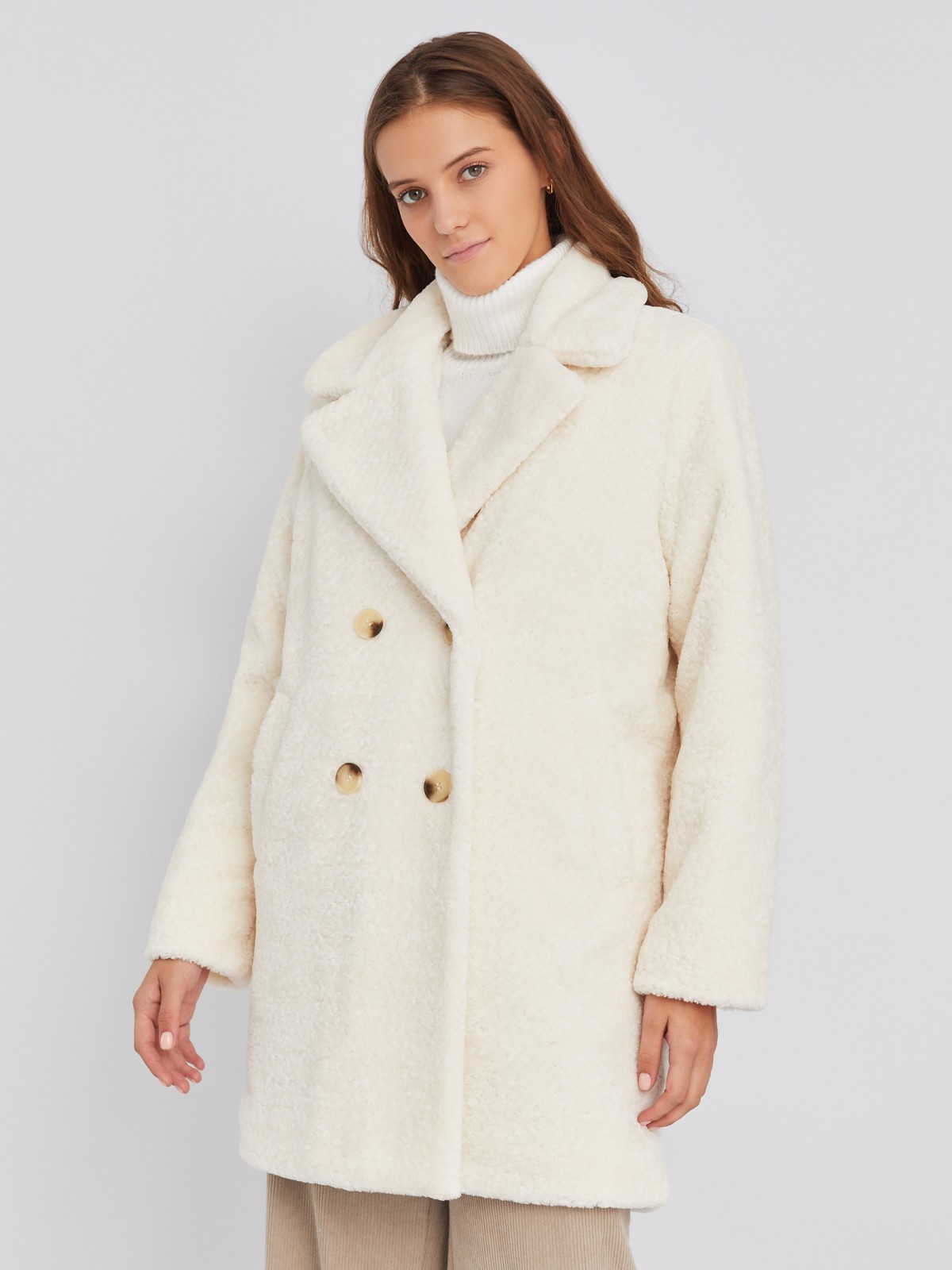 Двубортная тёплая шуба-пальто из экомеха на синтепоне zolla 023345550024, цвет молоко, размер XS - фото 3