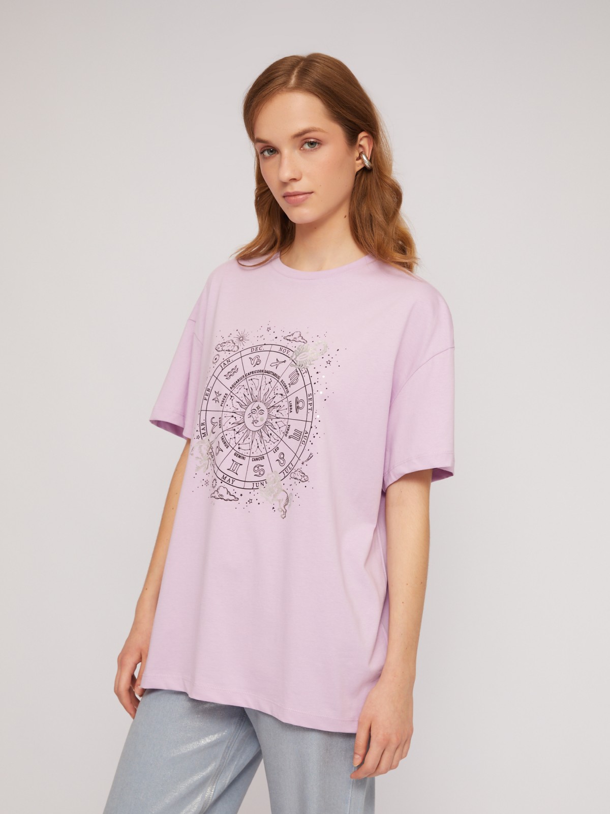 Трикотажная футболка из хлопка с принтом zolla N2424320W183, цвет лиловый, размер XS - фото 3