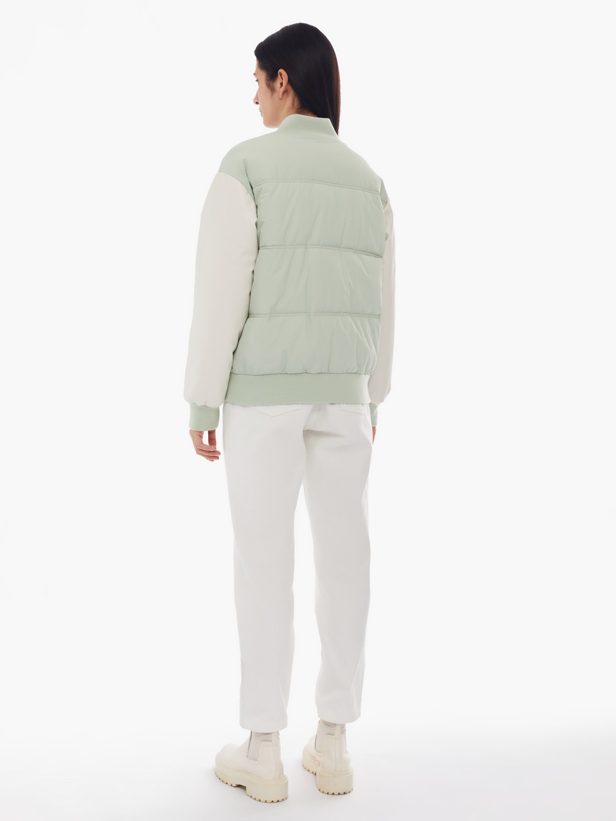 Тёплая куртка-бомбер из экокожи в стиле преппи zolla 024125112284, цвет светло-зеленый, размер XS - фото 5