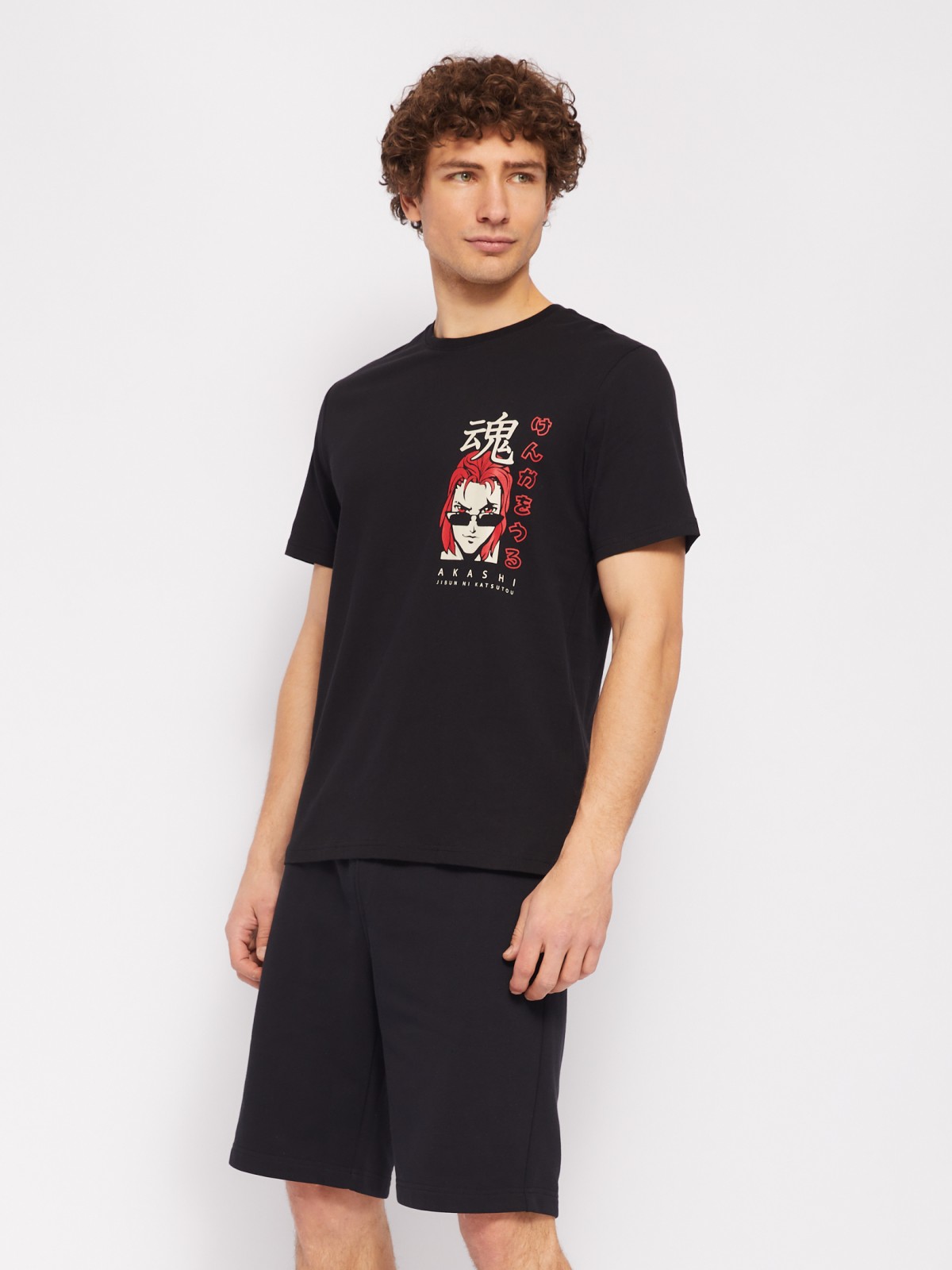 Футболка из хлопка с коротким рукавом и аниме принтом