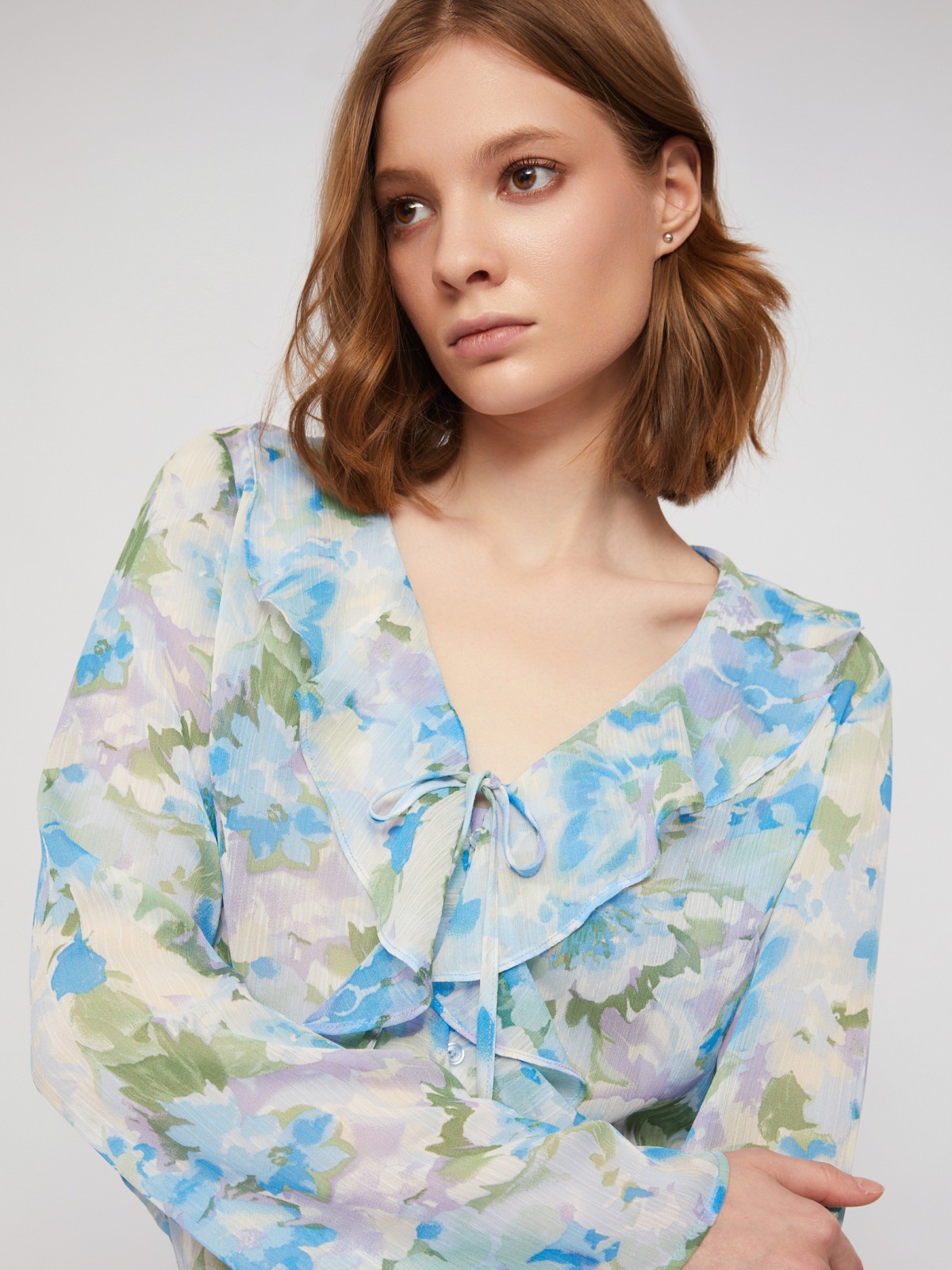 Блузка с вырезом с воланами и с цветочным принтом zolla 024221159211, размер M - фото 5