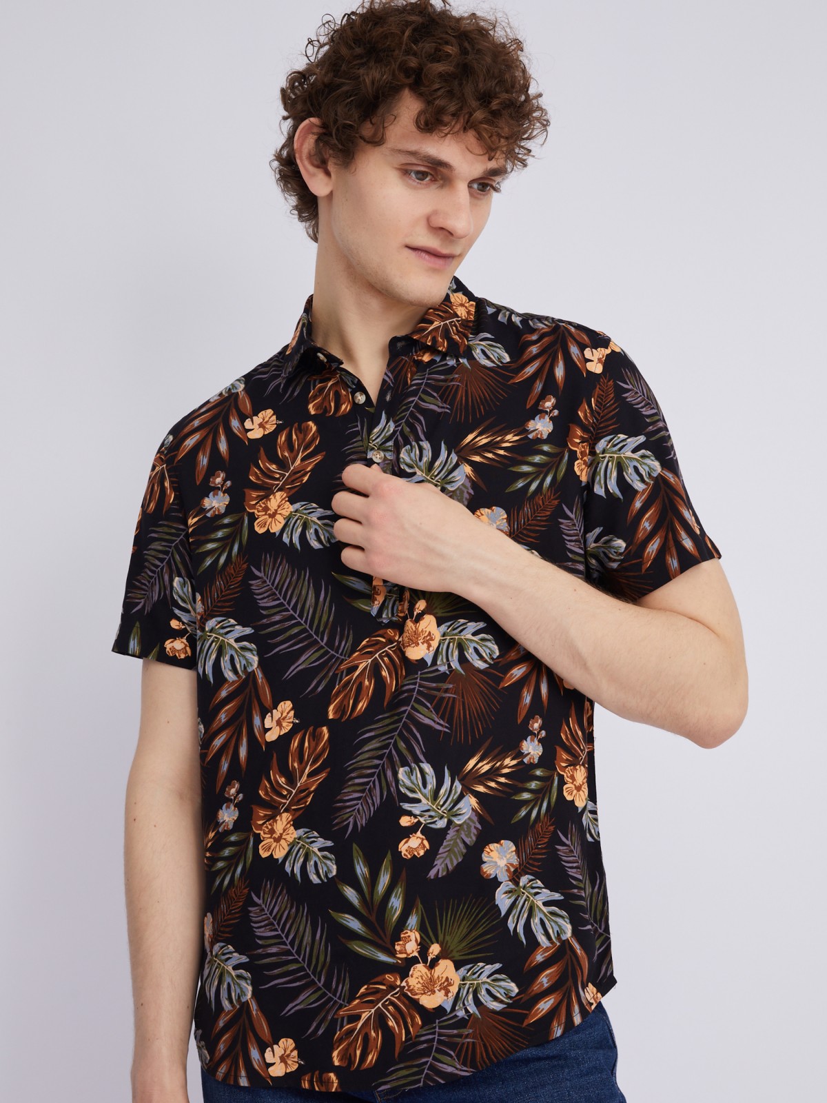 Рубашка из вискозы с тропическим принтом zolla 21325227Y023, цвет коричневый, размер M - фото 3