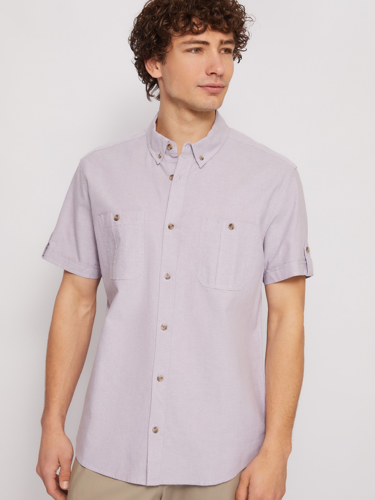 Рубашка из хлопка с коротким рукавом zolla 014222216063, цвет фиолетовый, размер XXL - фото 3