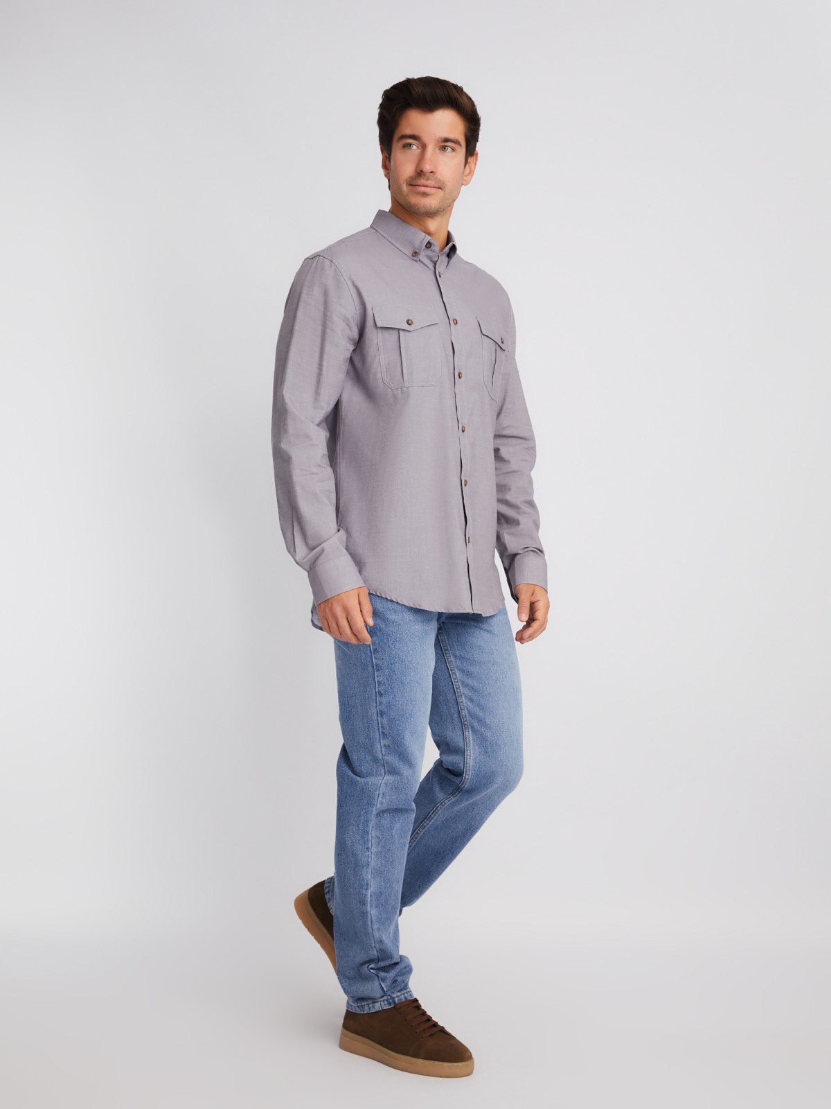 Рубашка из хлопка с длинным рукавом и карманами zolla 01413214R033, цвет серый, размер M - фото 2