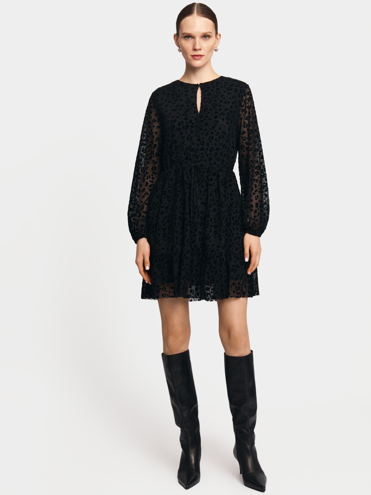Леопардовое платье мини из сетки на кулиске
