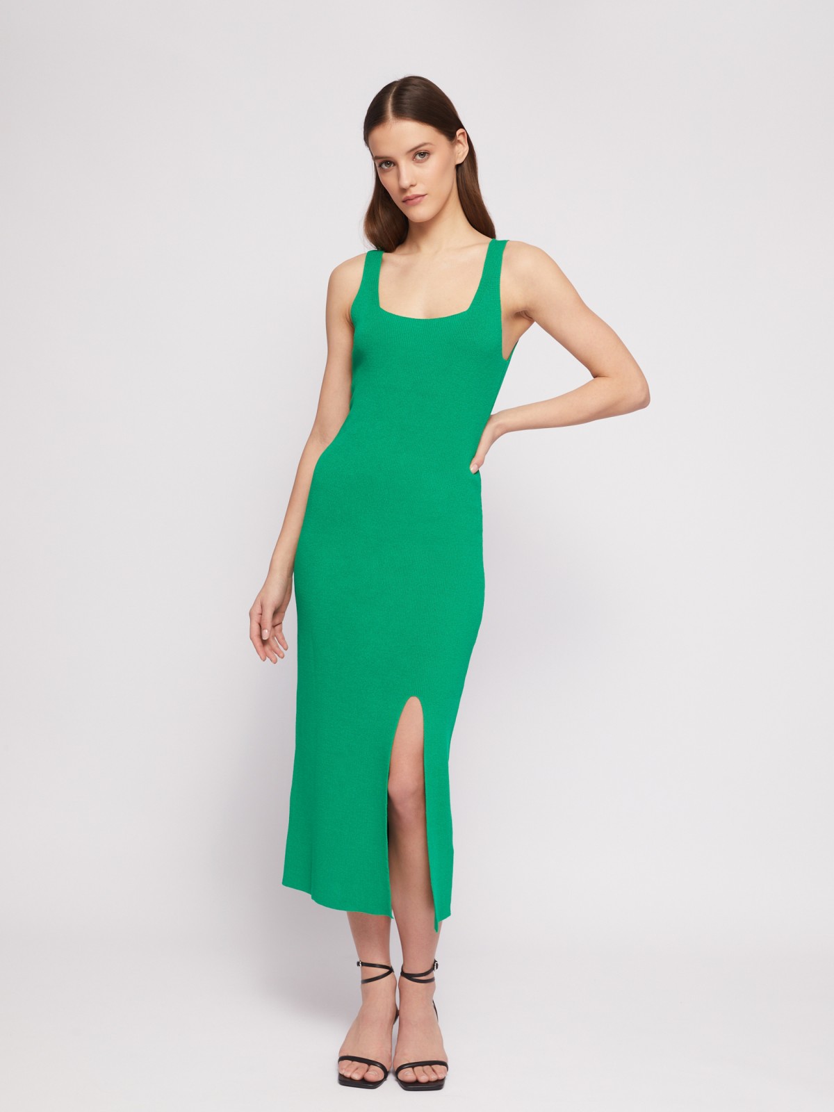 Трикотажное платье длины миди с разрезом zolla 024218442011, цвет зеленый, размер XS - фото 2