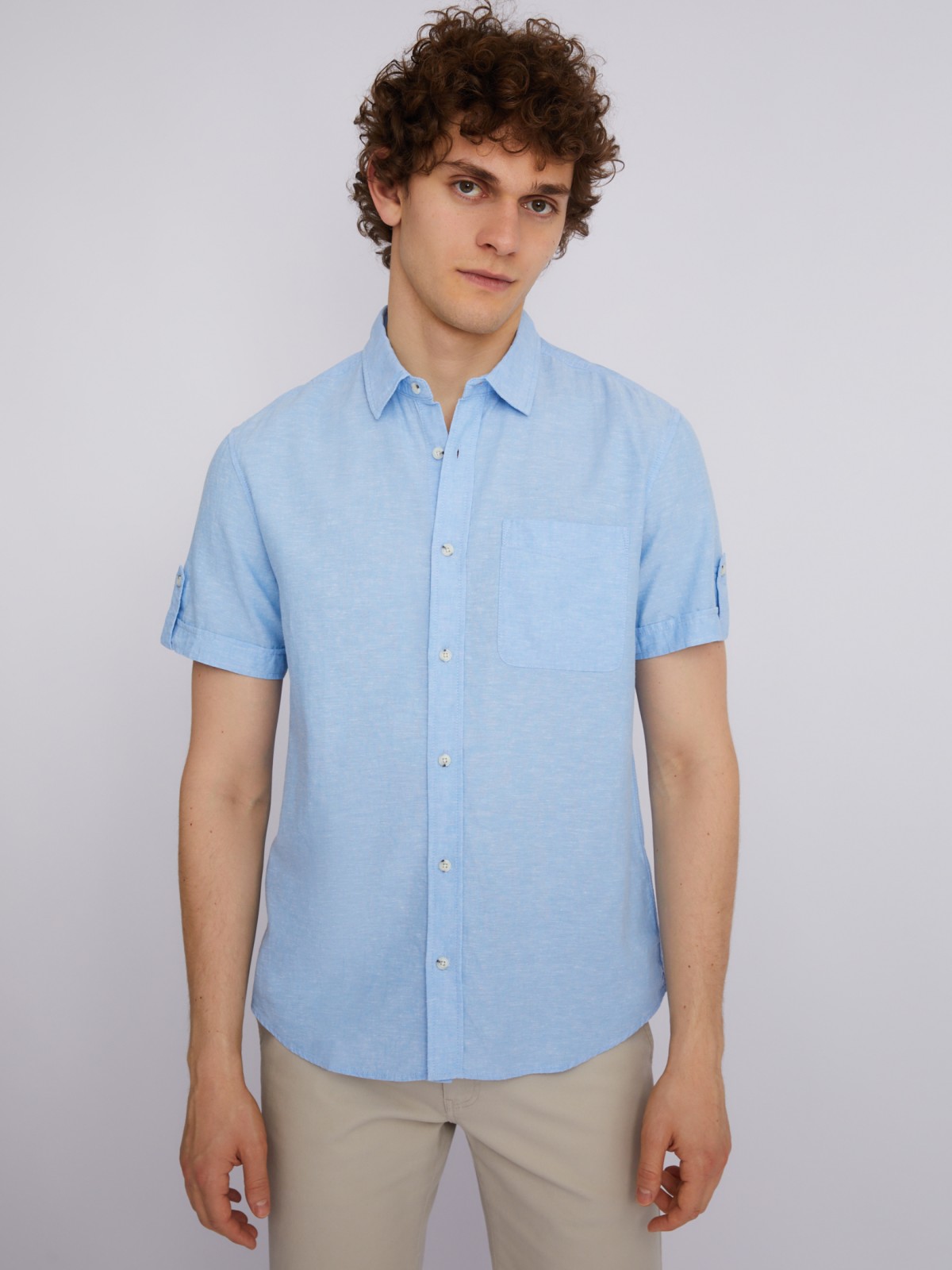 Рубашка из льна с коротким рукавом zolla светло-голубого цвета