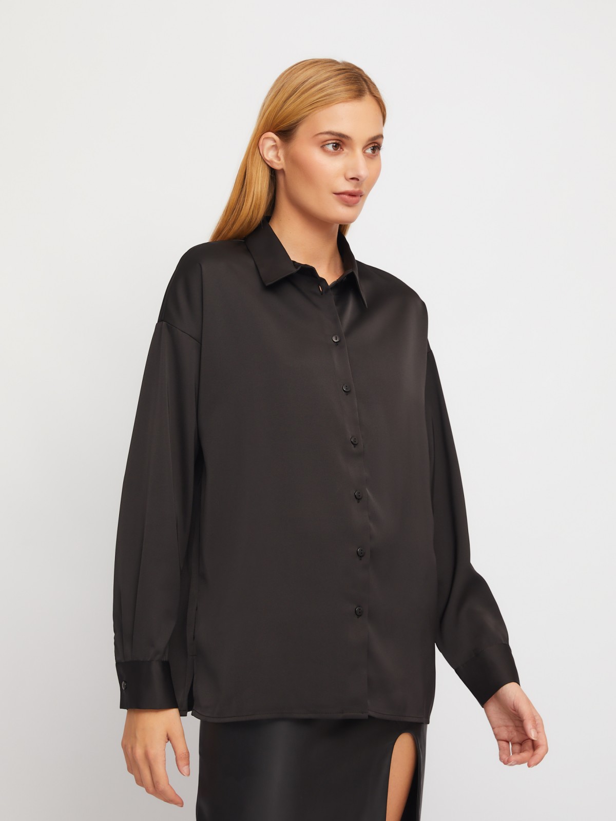 Рубашка свободного силуэта из атласной ткани zolla 02411117Y103, цвет черный, размер XS - фото 5
