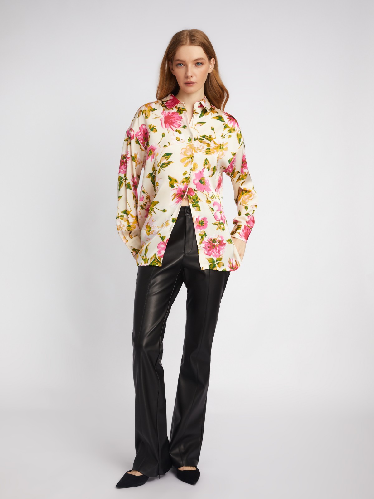 Атласная рубашка оверсайз силуэта с цветочным принтом zolla 02413117Y213, размер XS - фото 2