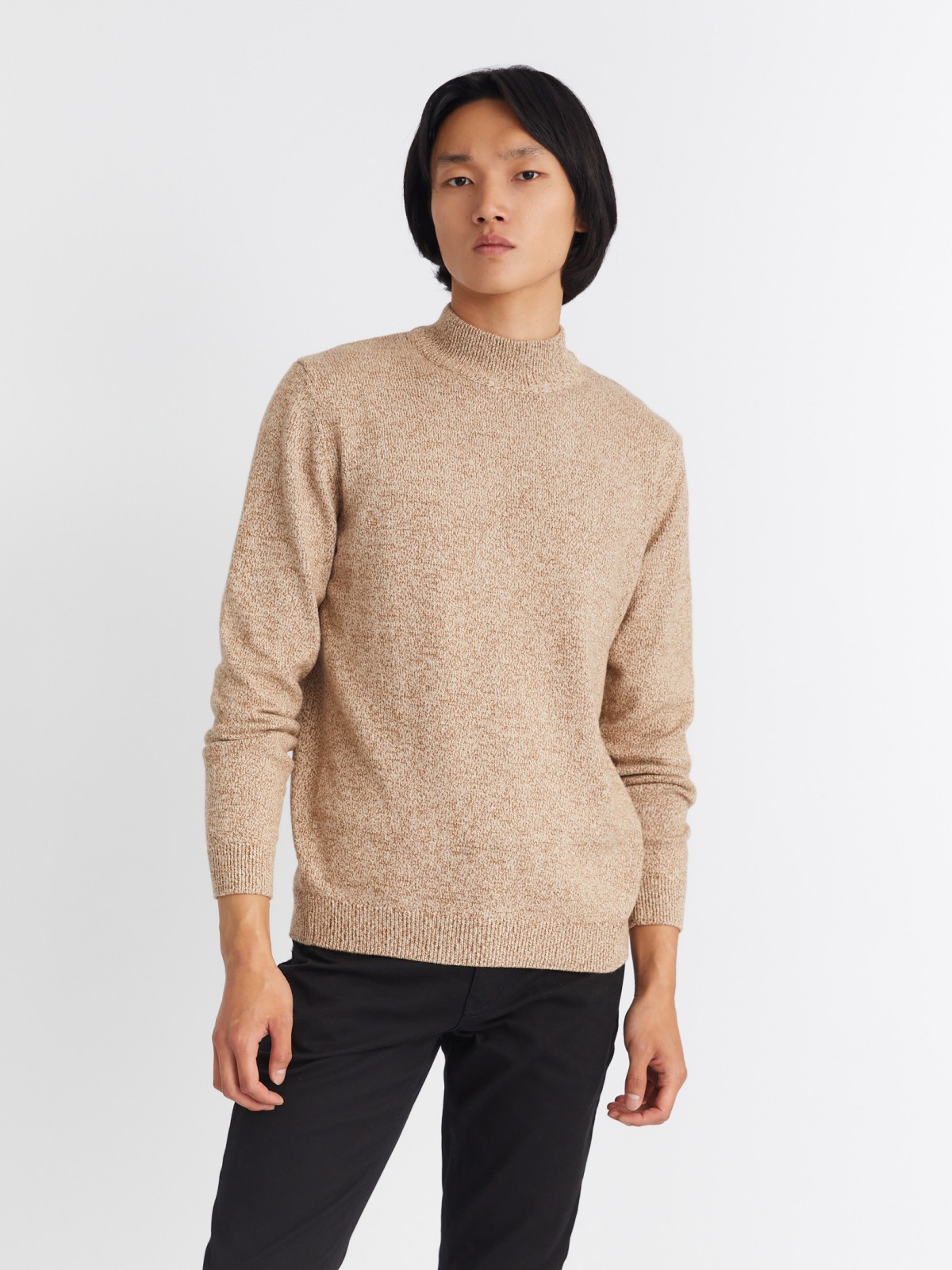 Вязаный свитер из хлопка с воротником-полустойкой и длинным рукавом