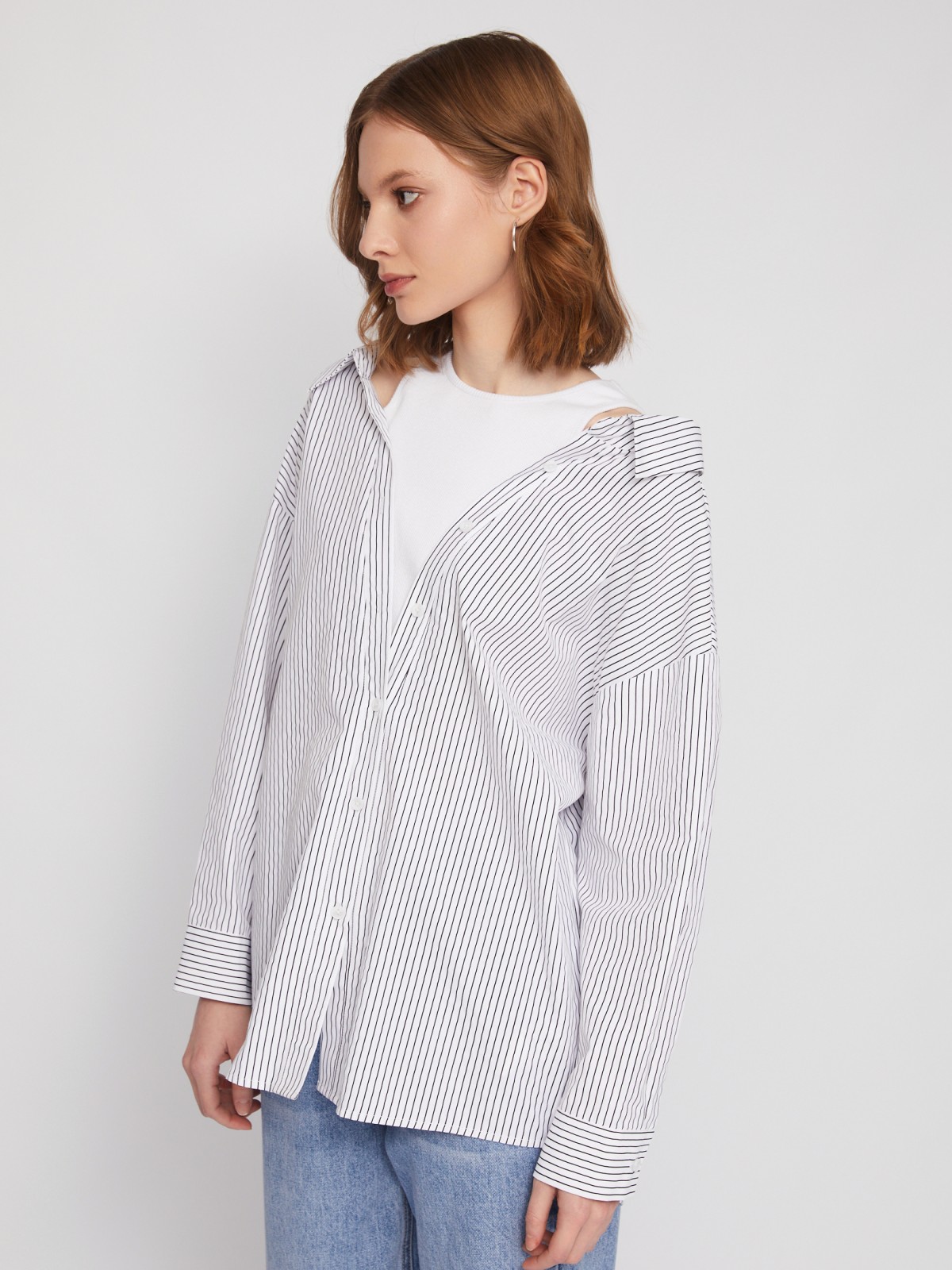 Комбинированная блузка-рубашка с вшитым топом zolla 02421117Y023, цвет белый, размер XS