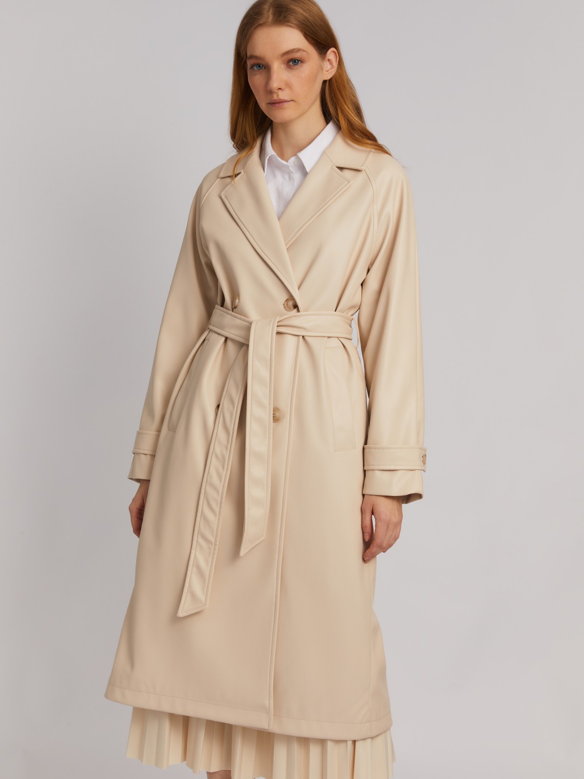 Длинное пальто-тренч из экокожи с рукавами реглан и поясом zolla 024135707024, цвет молоко, размер XS - фото 3
