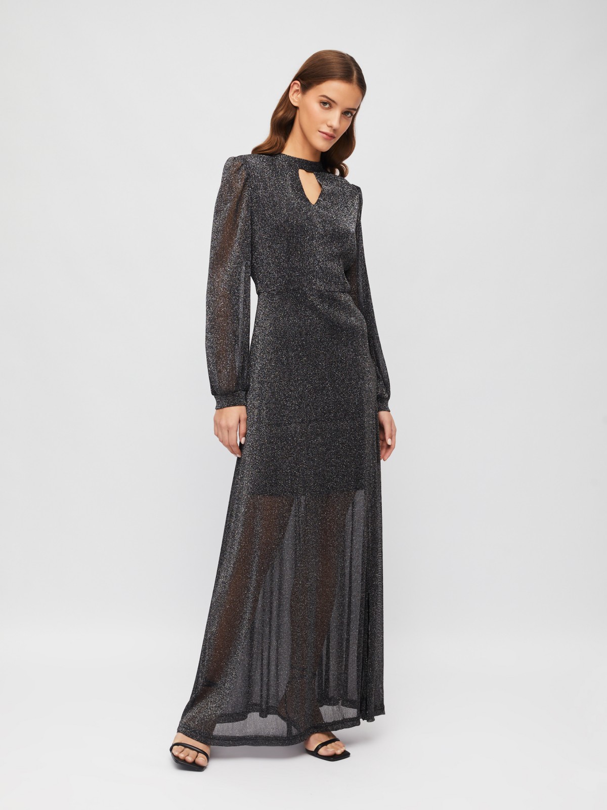 Полупрозрачное платье макси с разрезом на подоле и люрексом zolla 023458159233, цвет черный, размер S - фото 1