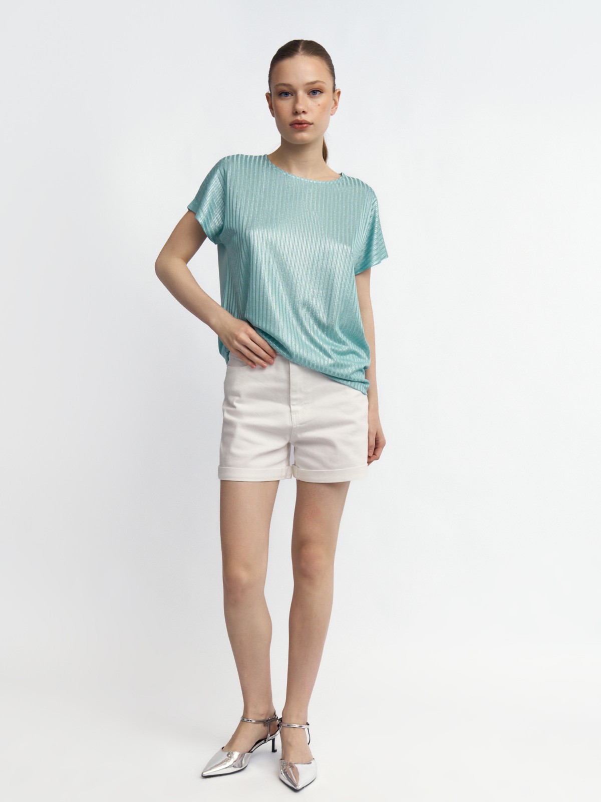 Трикотажный комбинированный топ-блузка с блеском