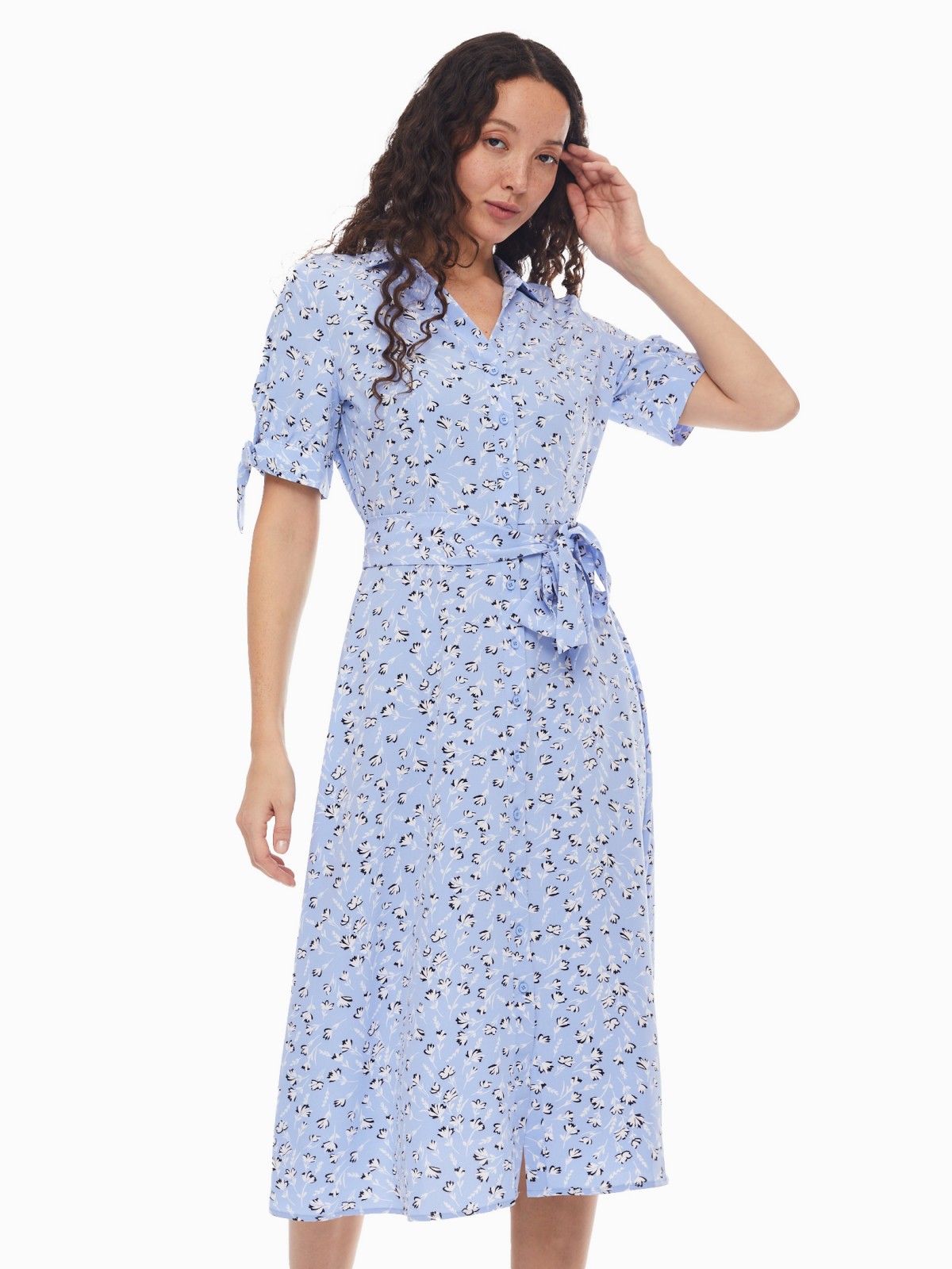 Платье-рубашка с поясом и акцентными короткими рукавами zolla 024138240412, цвет светло-голубой, размер XS - фото 1