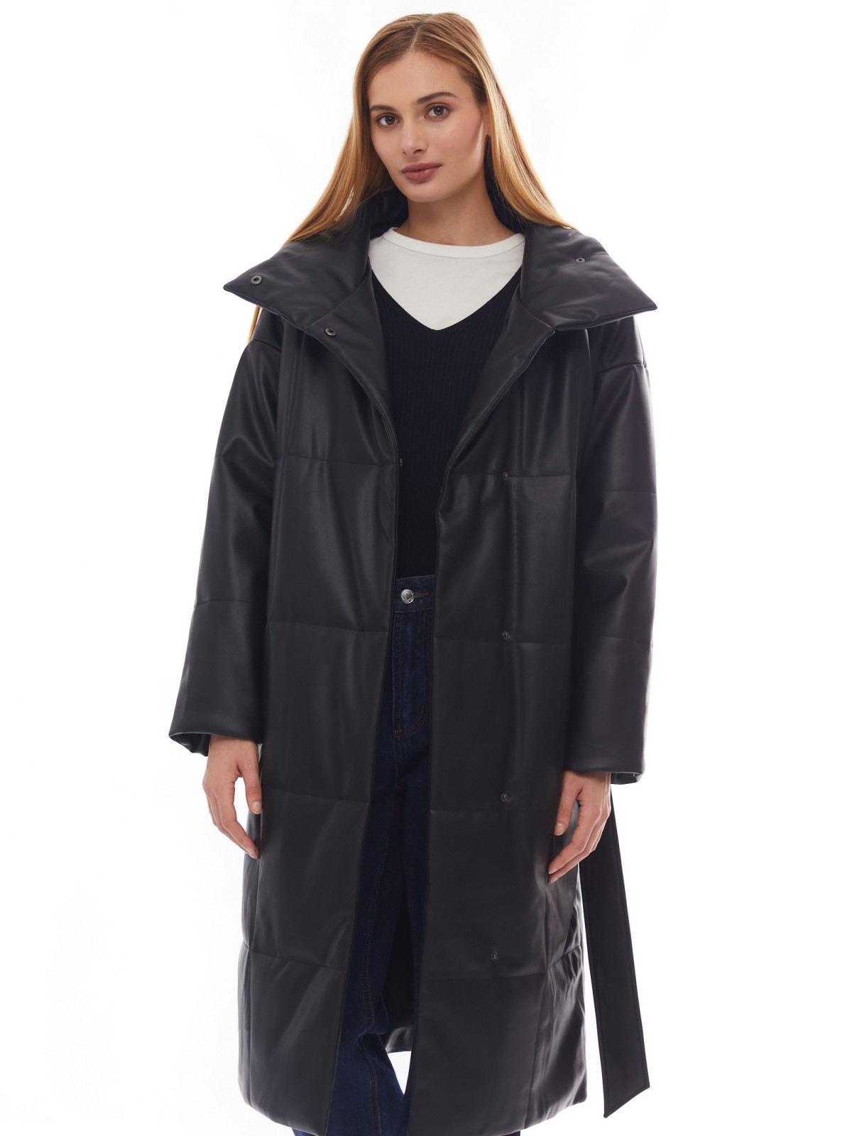 Тёплое пальто из экокожи на синтепоне с воротником-стойкой и поясом zolla 02412522N034, цвет черный, размер XS - фото 1