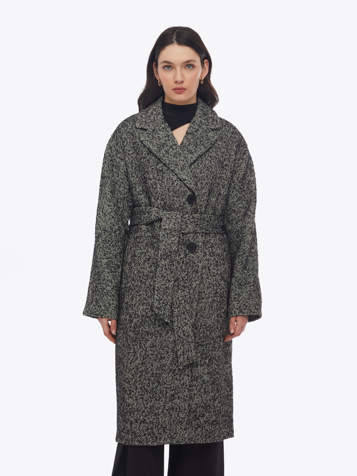 Длинное пальто без утеплителя с шерстью и с поясом на талии