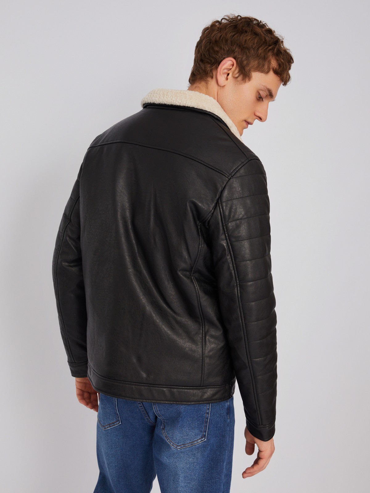Тёплая куртка-косуха из экокожи с подкладкой из экомеха на синтепоне zolla 012345150154, цвет черный, размер L - фото 6
